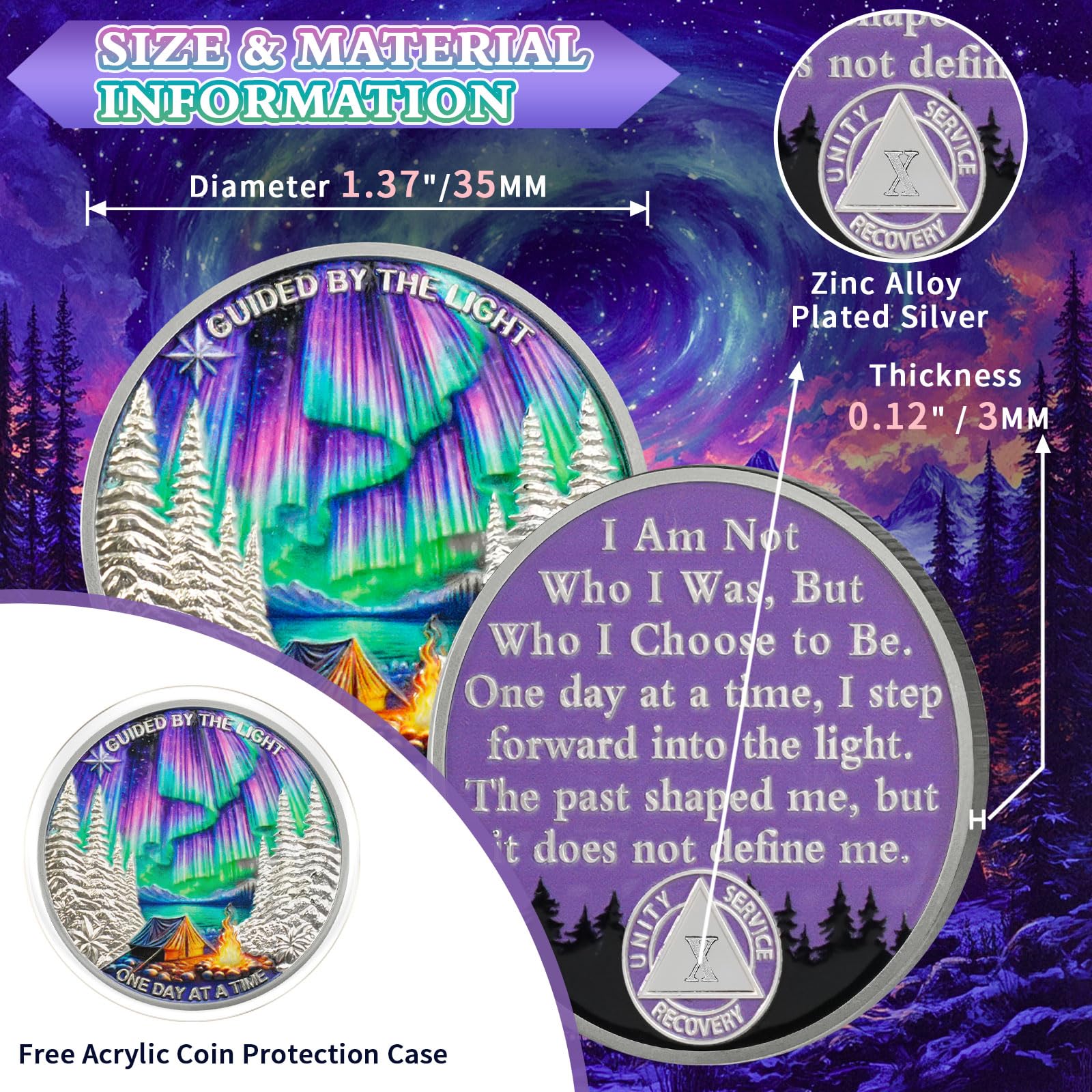 YRCKUDZKG Guided by Northern Lights 10 Year Sobriety Coin - One Day at a Time AA Coin, Alcohol Free Ten Year Recovery Chip with Token Capsule, Sobriety Gifts for Men Women YRCKUDZKG