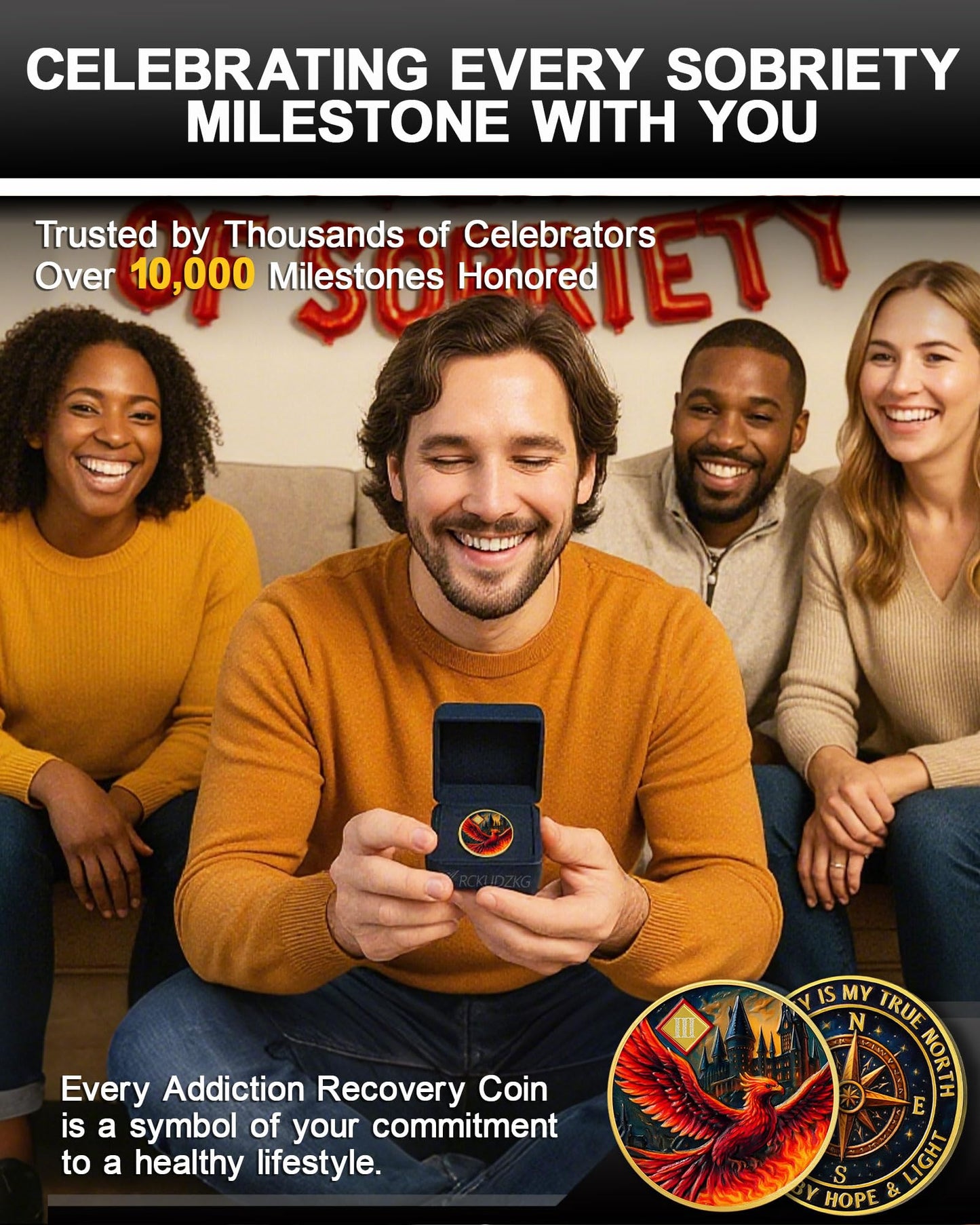 Rising Phoenix 3 Year Sobriety Coin, Compass to Guide the Way NA Medallion | Addiction Recovery Anniversary Celebration NA Coin with Token Capsule - Clean Living Sobriety Gifts for Men & Women YRCKUDZKG