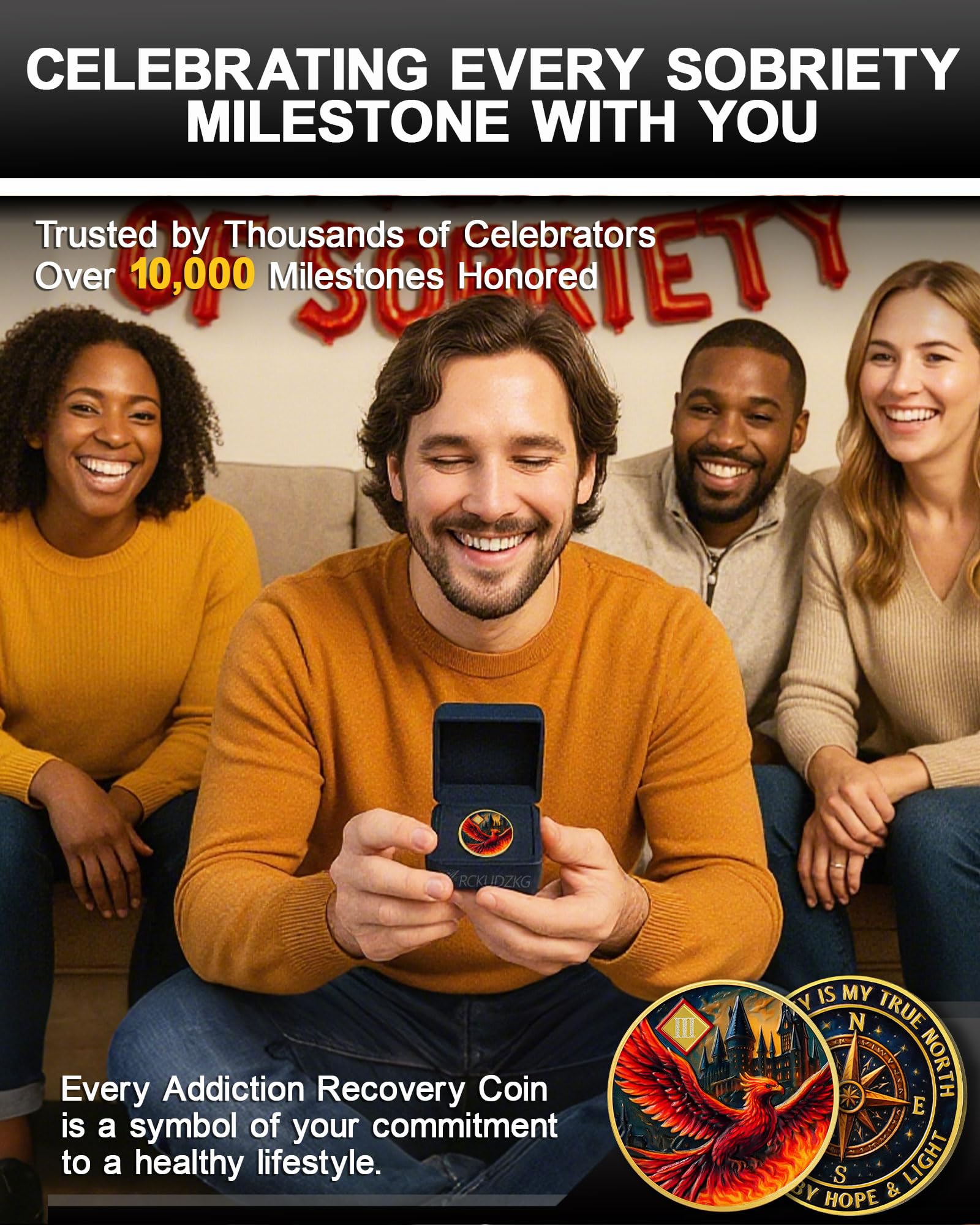 Rising Phoenix 3 Year Sobriety Coin, Compass to Guide the Way NA Medallion | Addiction Recovery Anniversary Celebration NA Coin with Token Capsule - Clean Living Sobriety Gifts for Men & Women YRCKUDZKG