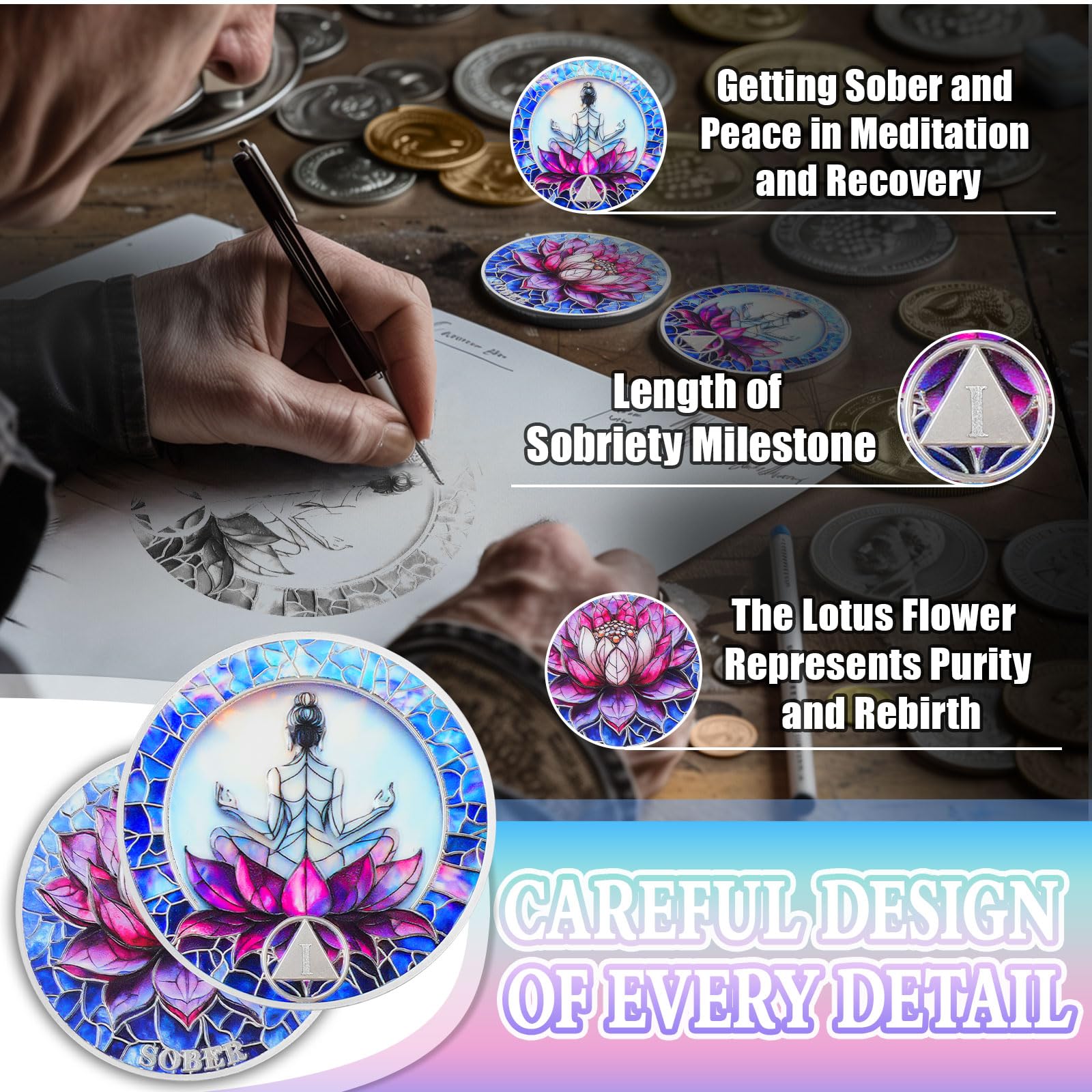 Meditation on the Lotus 1 Year Sobriety Coin - Rebirth & Calm AA Coin, Stained Glass Style Recovery Chip to Celebrate Alcohol Free Anniversary, Clean Living Sobriety Gifts for Women YRCKUDZKG