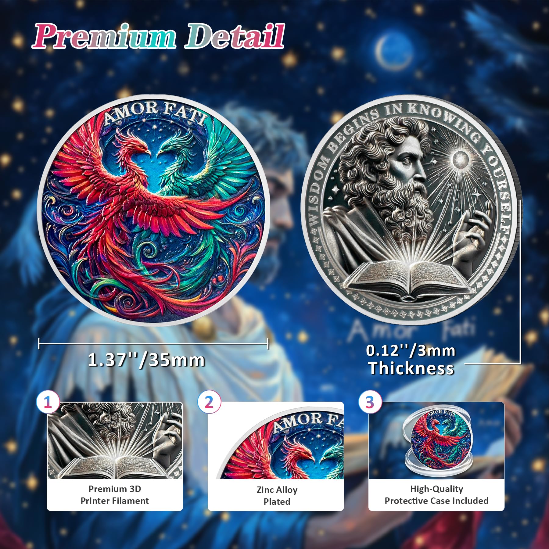 Amor Fati Phoenix Stoic Marcus Aurelius Roman Cardinal Virtues Memento Mori Challenge Coin mysite