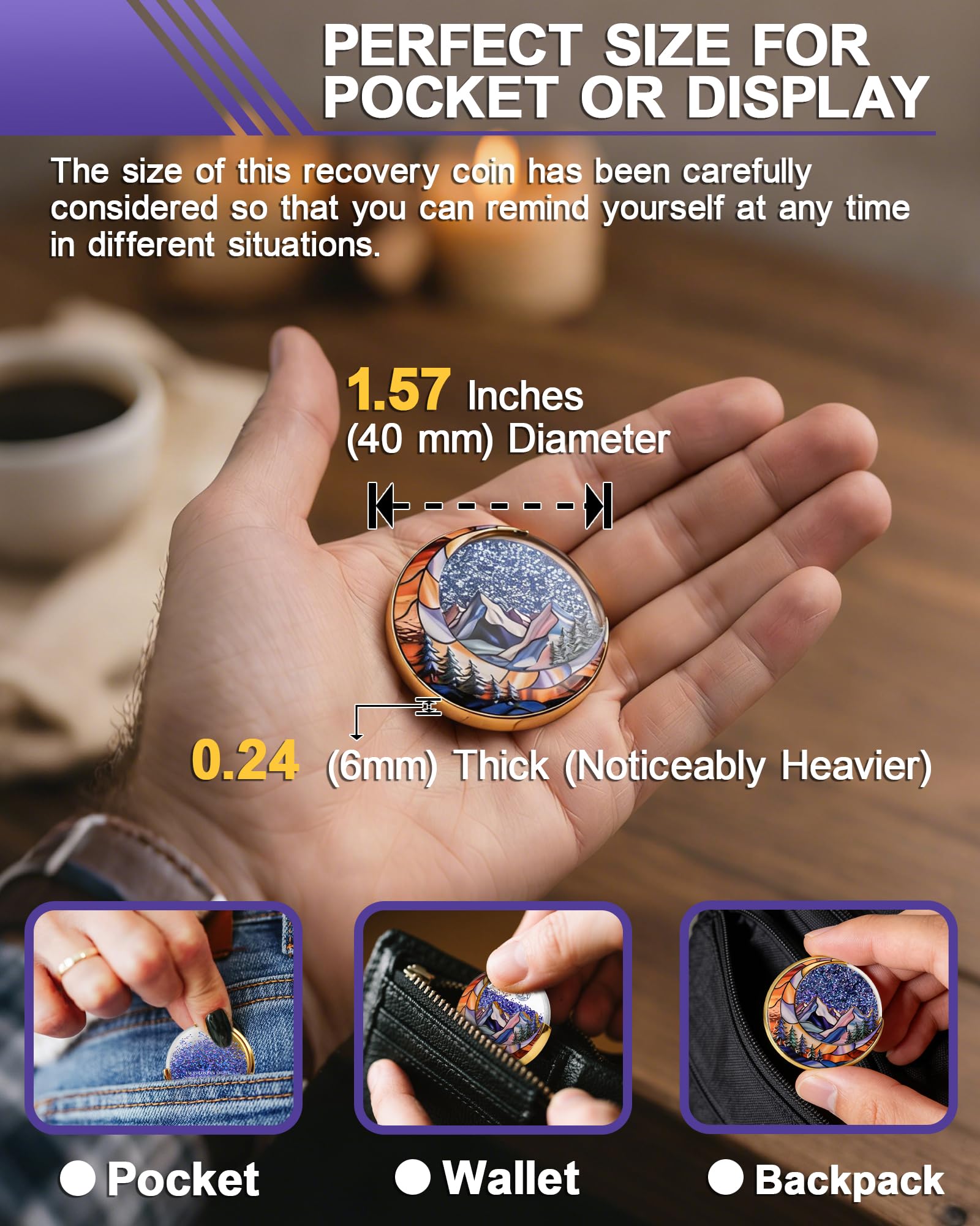 2 Year Sobriety Coin, Liquid Glitter Shaker AA Chip | Blue Quicksand Moon Mountain Design Recovery Milestone Medallion Sobriety Gift for Men & Women YRCKUDZKG