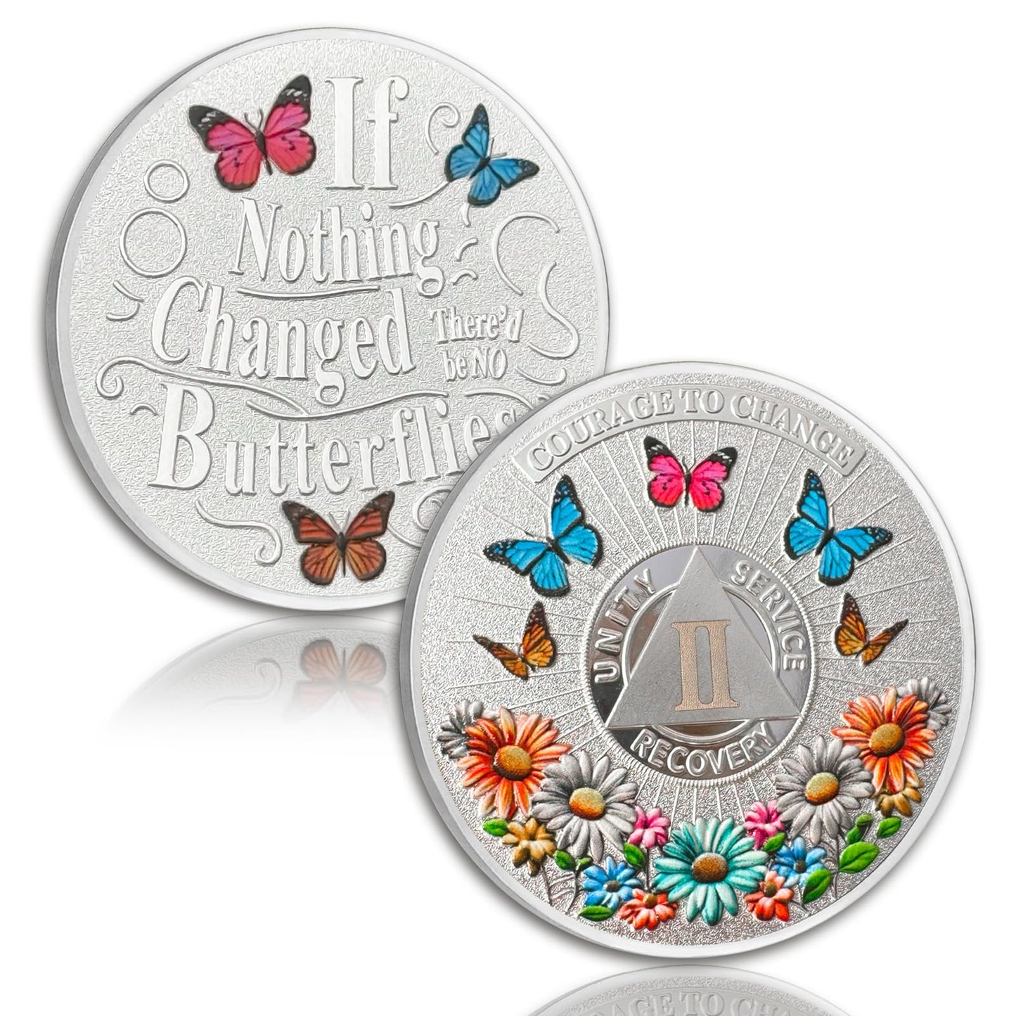 Colorful Sunflower 2 Year Sobriety Coin Butterfly Two Year Sobriety Chip Courage to Change AA Chips and Medallion Silver AA Coin Recovery Anniversary Token Sobriety Gifts for Men Women YRCKUDZKG