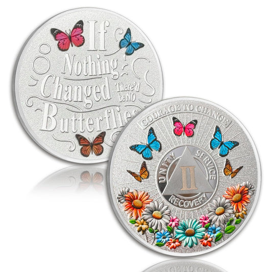 Colorful Sunflower 2 Year Sobriety Coin Butterfly Two Year Sobriety Chip Courage to Change AA Chips and Medallion Silver AA Coin Recovery Anniversary Token Sobriety Gifts for Men Women YRCKUDZKG