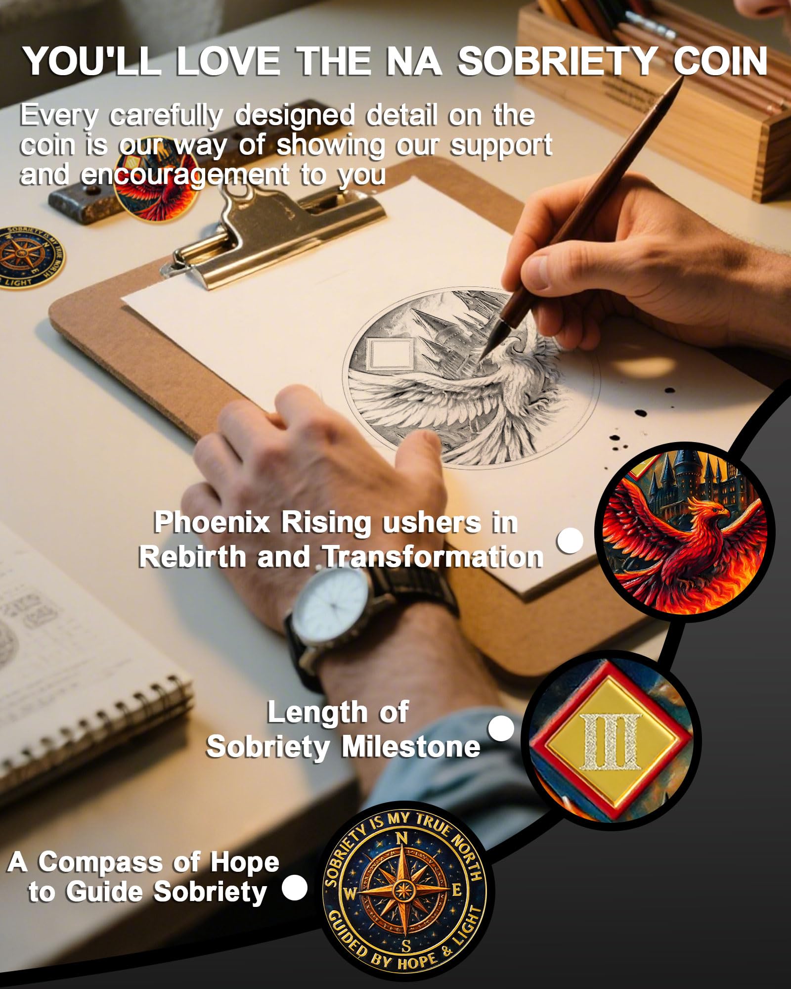 Rising Phoenix 3 Year Sobriety Coin, Compass to Guide the Way NA Medallion | Addiction Recovery Anniversary Celebration NA Coin with Token Capsule - Clean Living Sobriety Gifts for Men & Women YRCKUDZKG