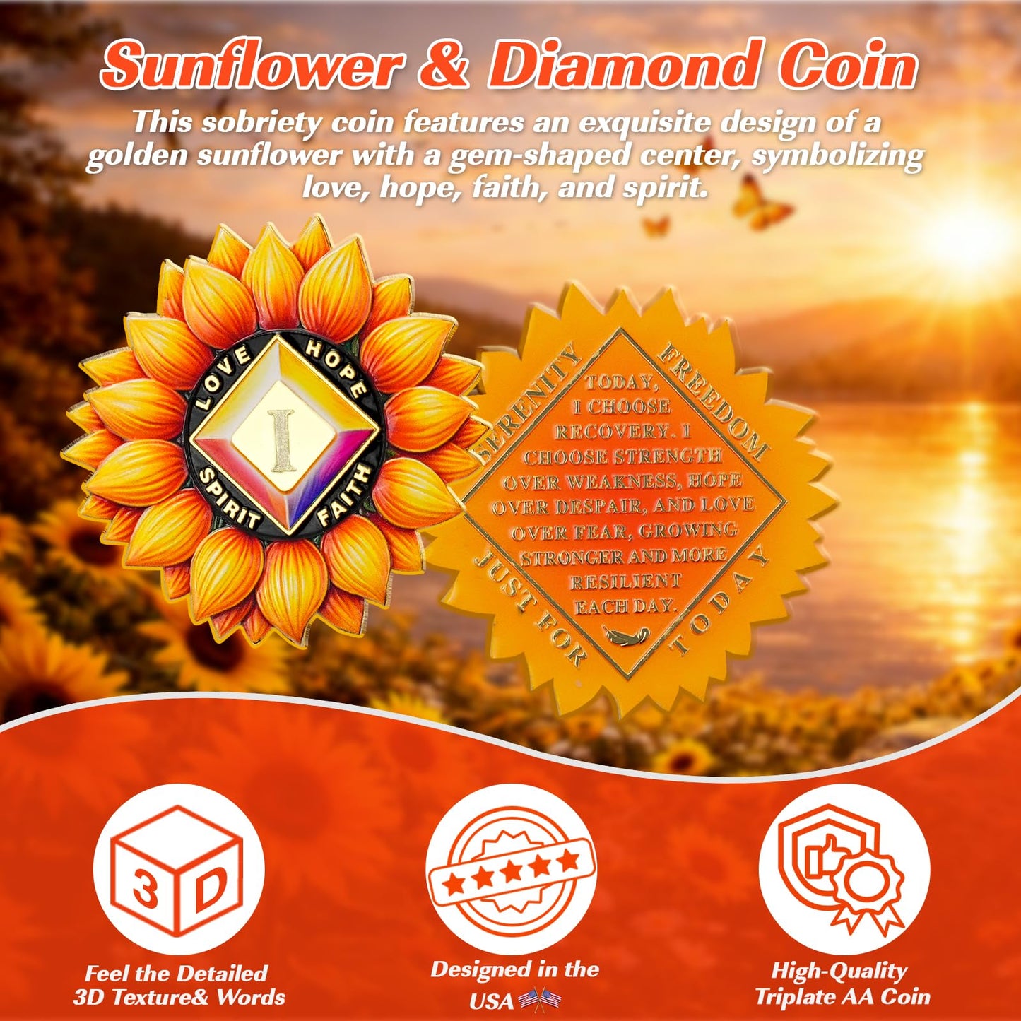 Vitalway Sunflower Rebirth 1 Year Sobriety Coin, Motivational AA Medallion for Strength, Hope, Faith, and Personal Growth, Perfect Recovery Token Sobriety Gift for Men and Women Vitalway