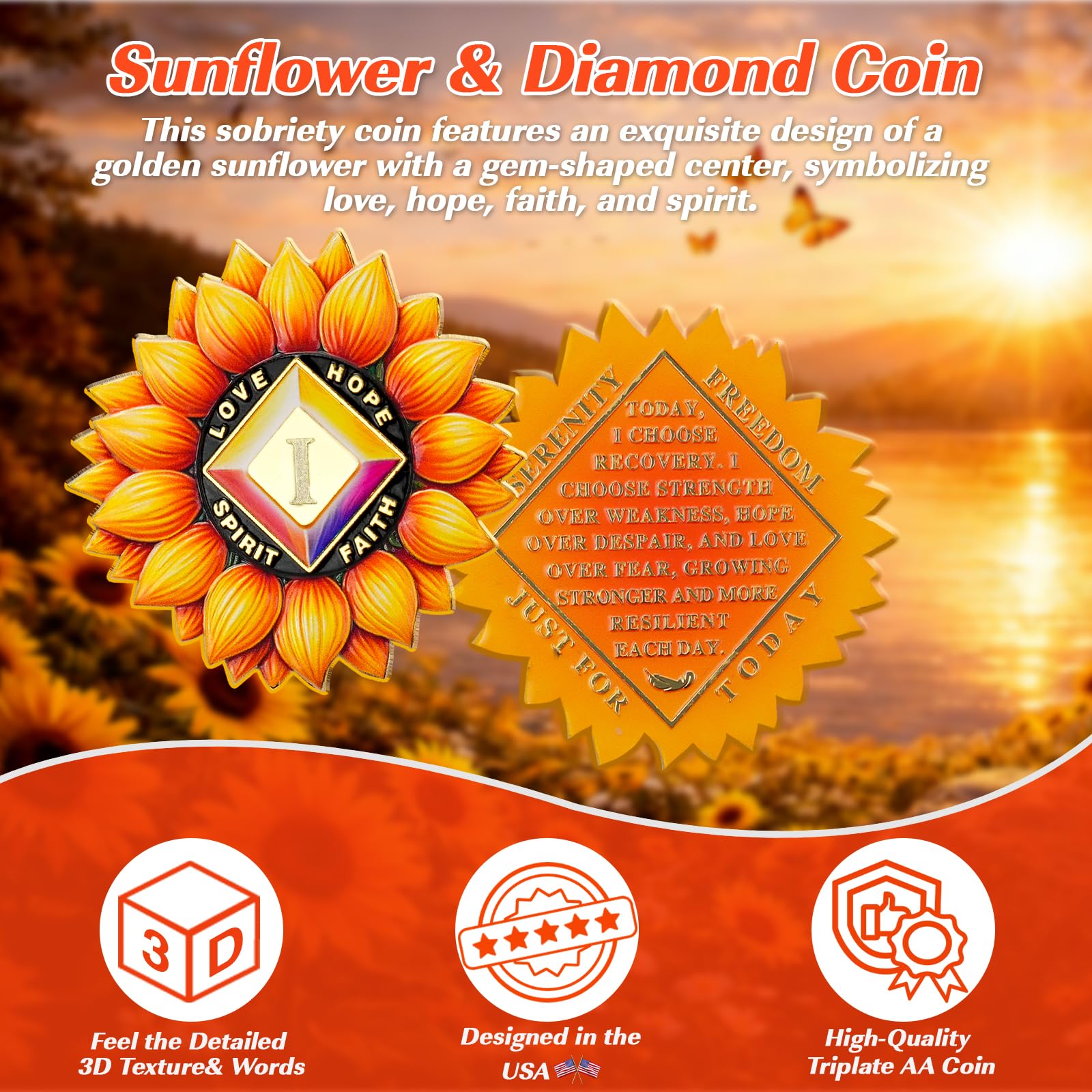 Vitalway Sunflower Rebirth 1 Year Sobriety Coin, Motivational AA Medallion for Strength, Hope, Faith, and Personal Growth, Perfect Recovery Token Sobriety Gift for Men and Women Vitalway