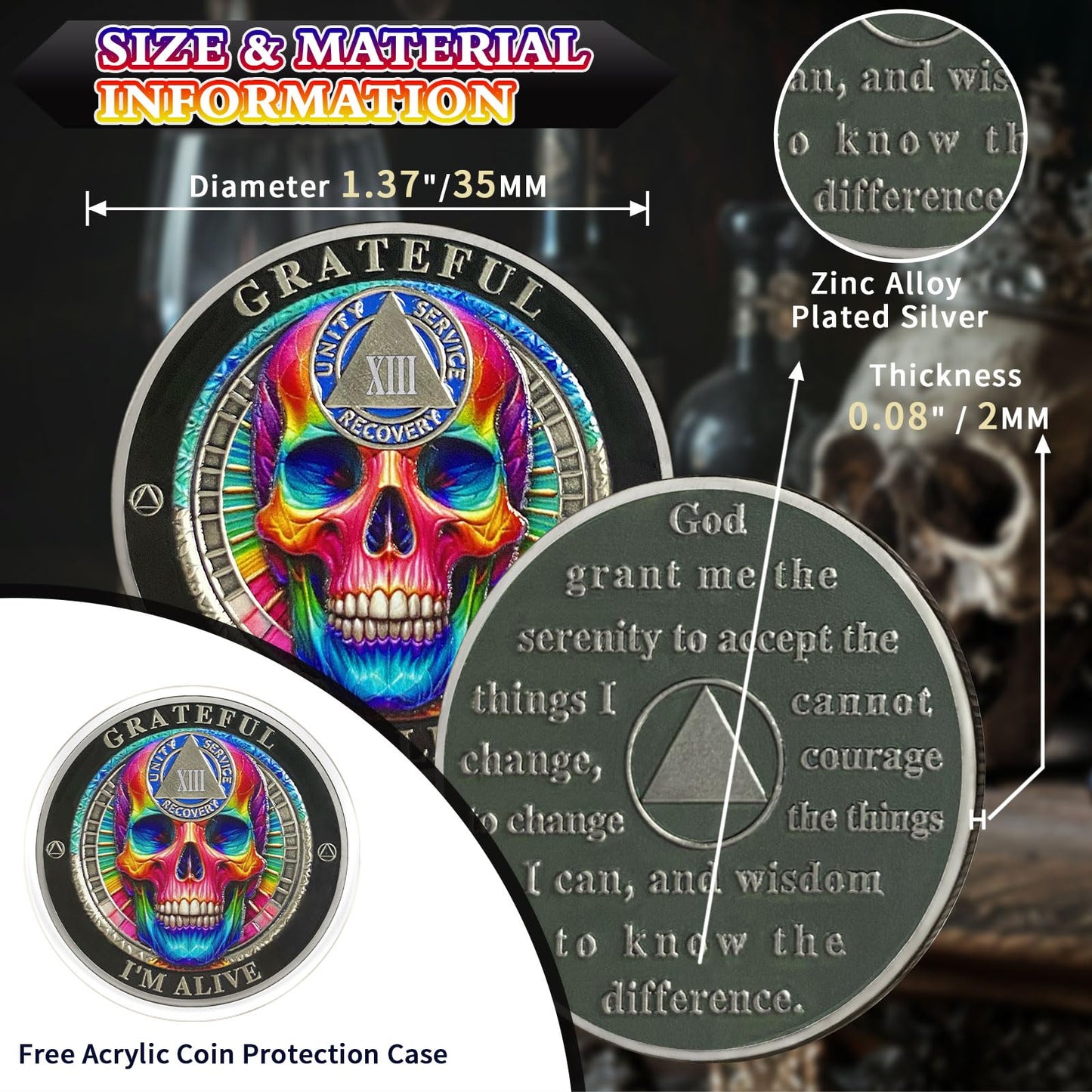 Rainbow Skull 13 Year Sobriety Coin, Grateful I'm Alive AA Coin - Clean AA Chips and Medallion - Thirteen Years Sober Medal with Serenity Prayer, Sobriety Gifts for Men Women YRCKUDZKG