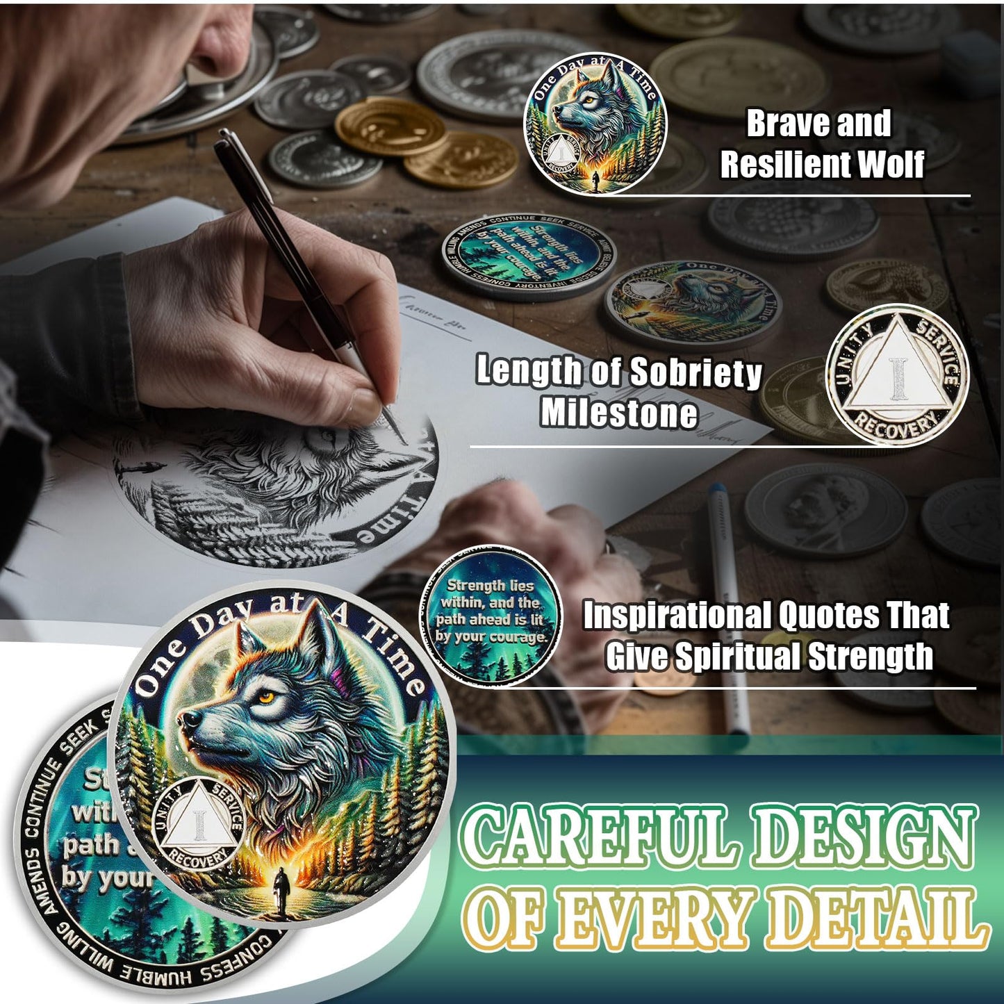 YRCKUDZKG Brave Wolf 1 Year Sobriety Coin - One Day at a Time AA Coin, Alcohol Free One Year Recovery Chip with Token Capsule, Inspirational Sobriety Gifts for Men & Women YRCKUDZKG