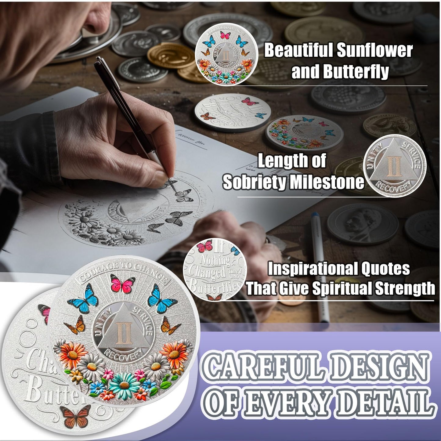 Colorful Sunflower 2 Year Sobriety Coin Butterfly Two Year Sobriety Chip Courage to Change AA Chips and Medallion Silver AA Coin Recovery Anniversary Token Sobriety Gifts for Men Women YRCKUDZKG