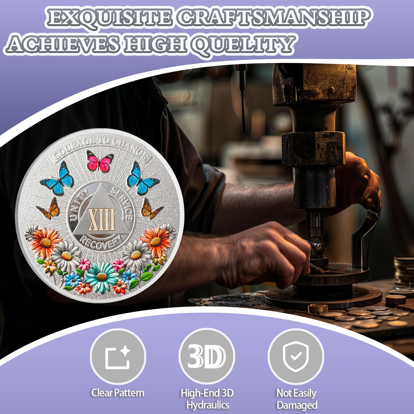 Colorful Sunflower 35 Year Sobriety Coin, Butterfly AA Coin - Courage to Change AA Chips and Medallion - Clean Thirty Year Sober Chip - Silver Recovery AA Chip - Sobriety Gifts for Women Men Eterna Paths