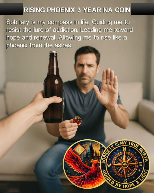 Rising Phoenix 3 Year Sobriety Coin, Compass to Guide the Way NA Medallion | Addiction Recovery Anniversary Celebration NA Coin with Token Capsule - Clean Living Sobriety Gifts for Men & Women YRCKUDZKG