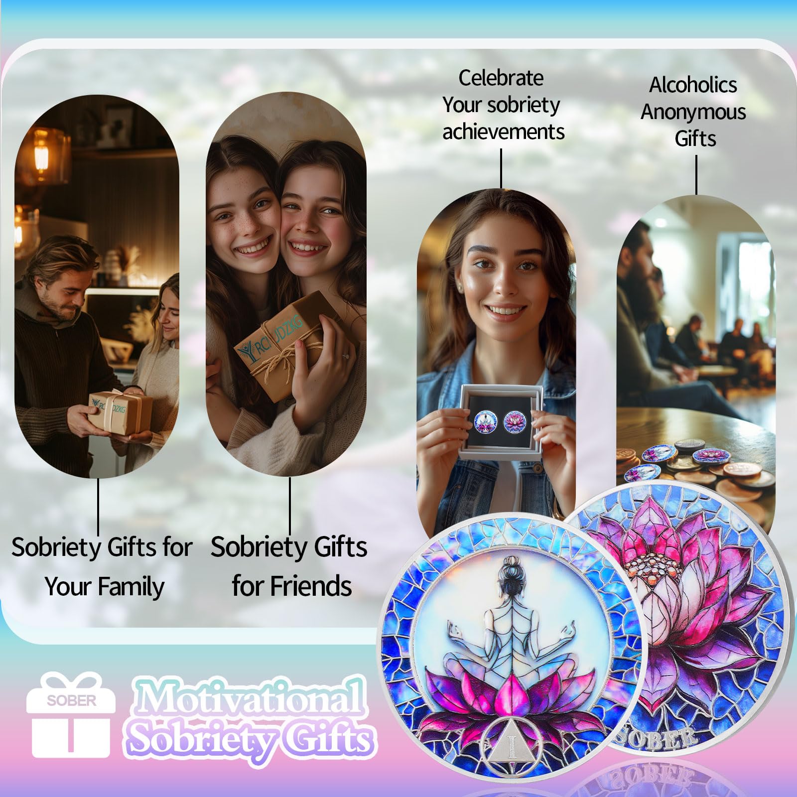 Meditation on the Lotus 1 Year Sobriety Coin - Rebirth & Calm AA Coin, Stained Glass Style Recovery Chip to Celebrate Alcohol Free Anniversary, Clean Living Sobriety Gifts for Women YRCKUDZKG