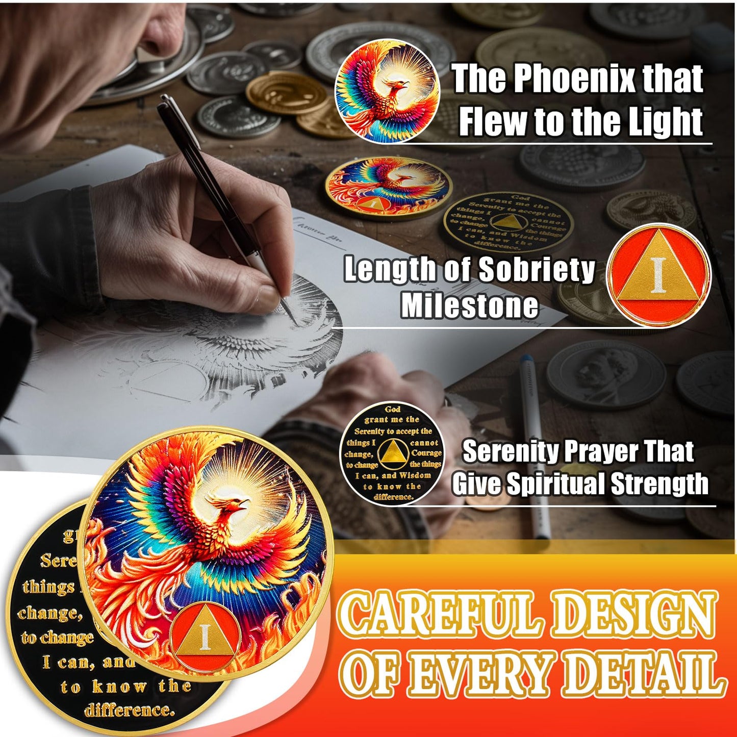 Phoenix of Light 1 Year Sobriety Coin, Rebirth in Fire AA Coin - Addiction Recovery One Year Sober Medal with Token Capsule, Alcoholics Anonymous Sobriety Gifts for Men and Women YRCKUDZKG
