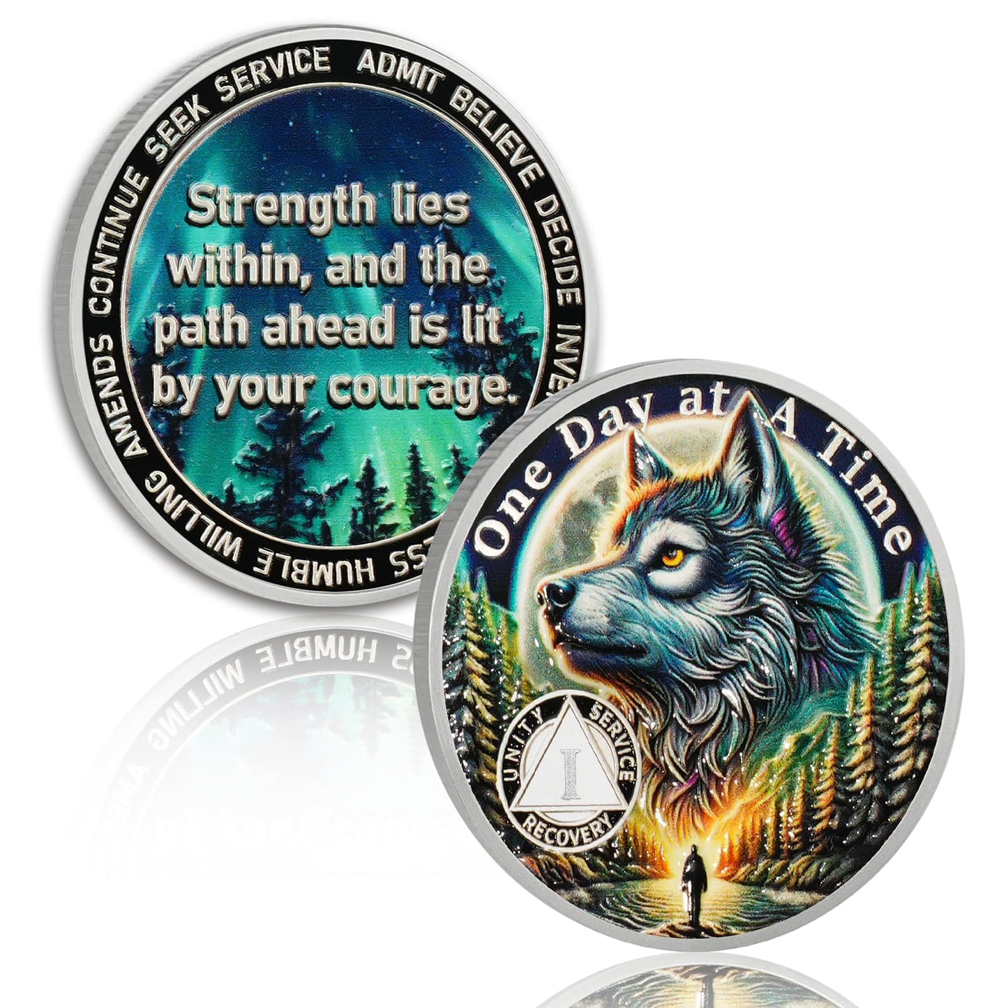 YRCKUDZKG Brave Wolf 1 Year Sobriety Coin - One Day at a Time AA Coin, Alcohol Free One Year Recovery Chip with Token Capsule, Inspirational Sobriety Gifts for Men & Women YRCKUDZKG