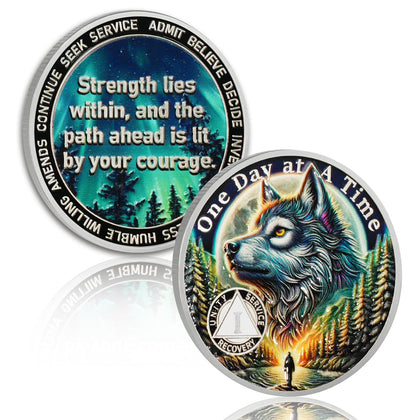 Brave Wolf 1 year sobriety coin One Day at a Time recovery gift