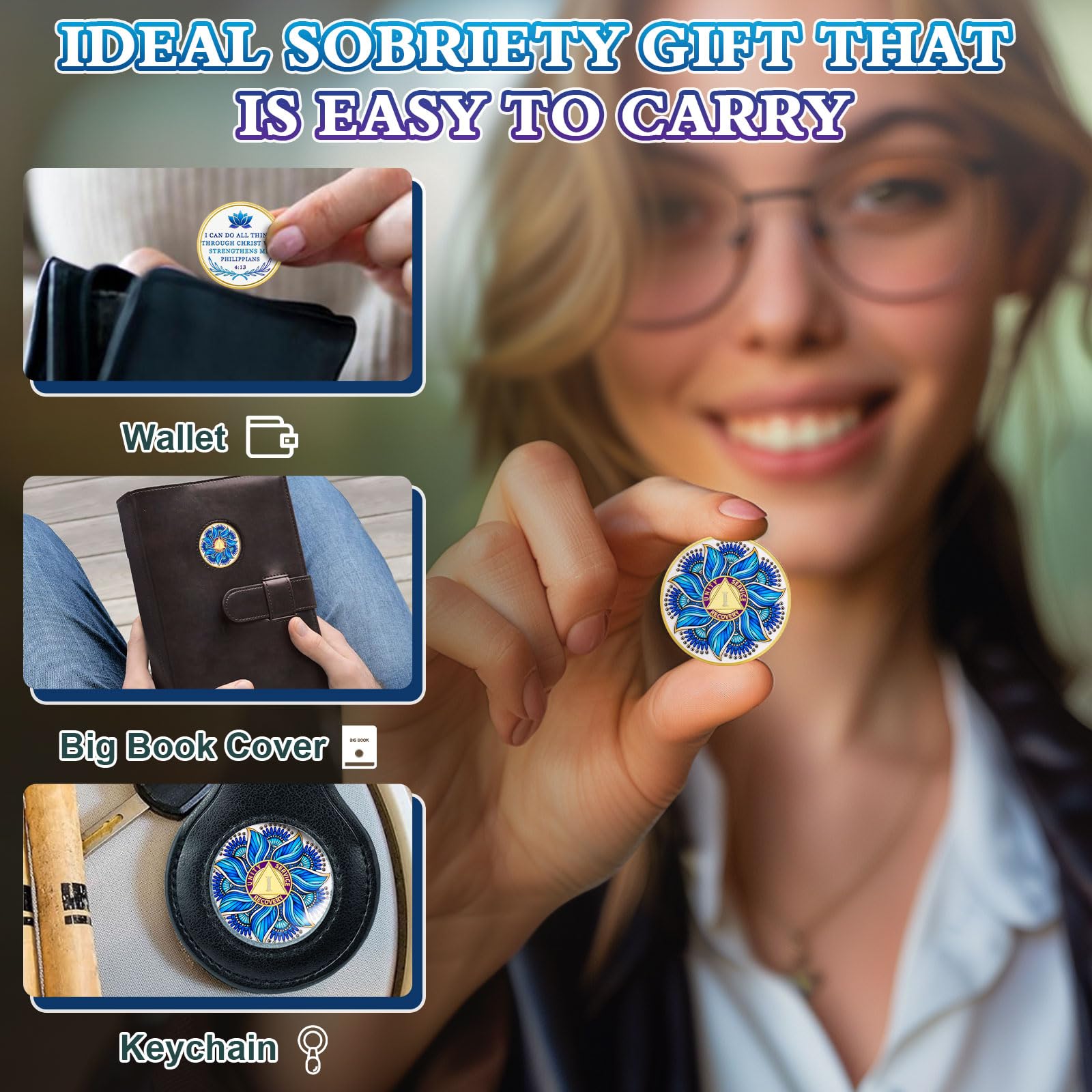 Blue Lotus 1 Year Sobriety Coin - Recovery & Growth AA Medallion, Recovery Chip with Bible Verses, Alcohol Free Anniversary Celebration AA Coin, Clean Living Sobriety Gifts for Men Women YRCKUDZKG