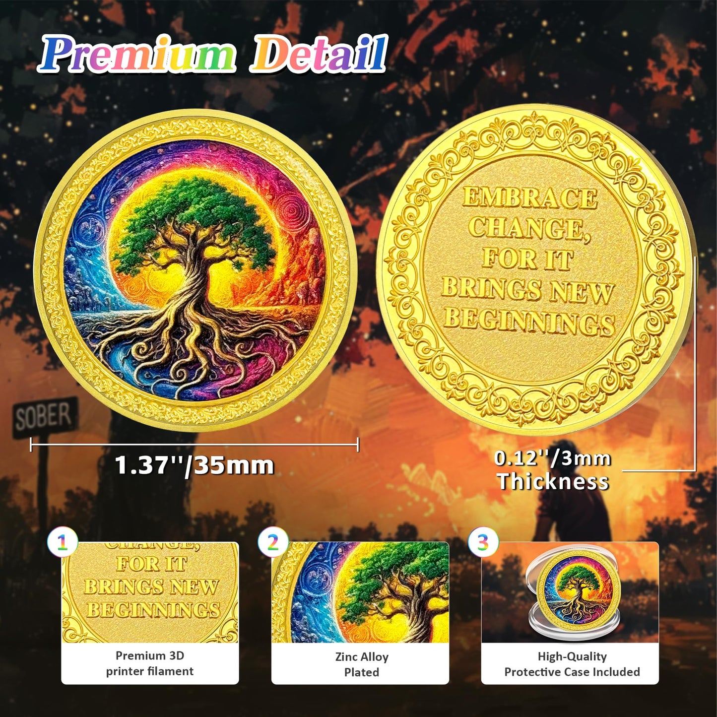 Colorful Recovery Sunrise Tree of Life Affirmation AA Sobriety Coin mysite