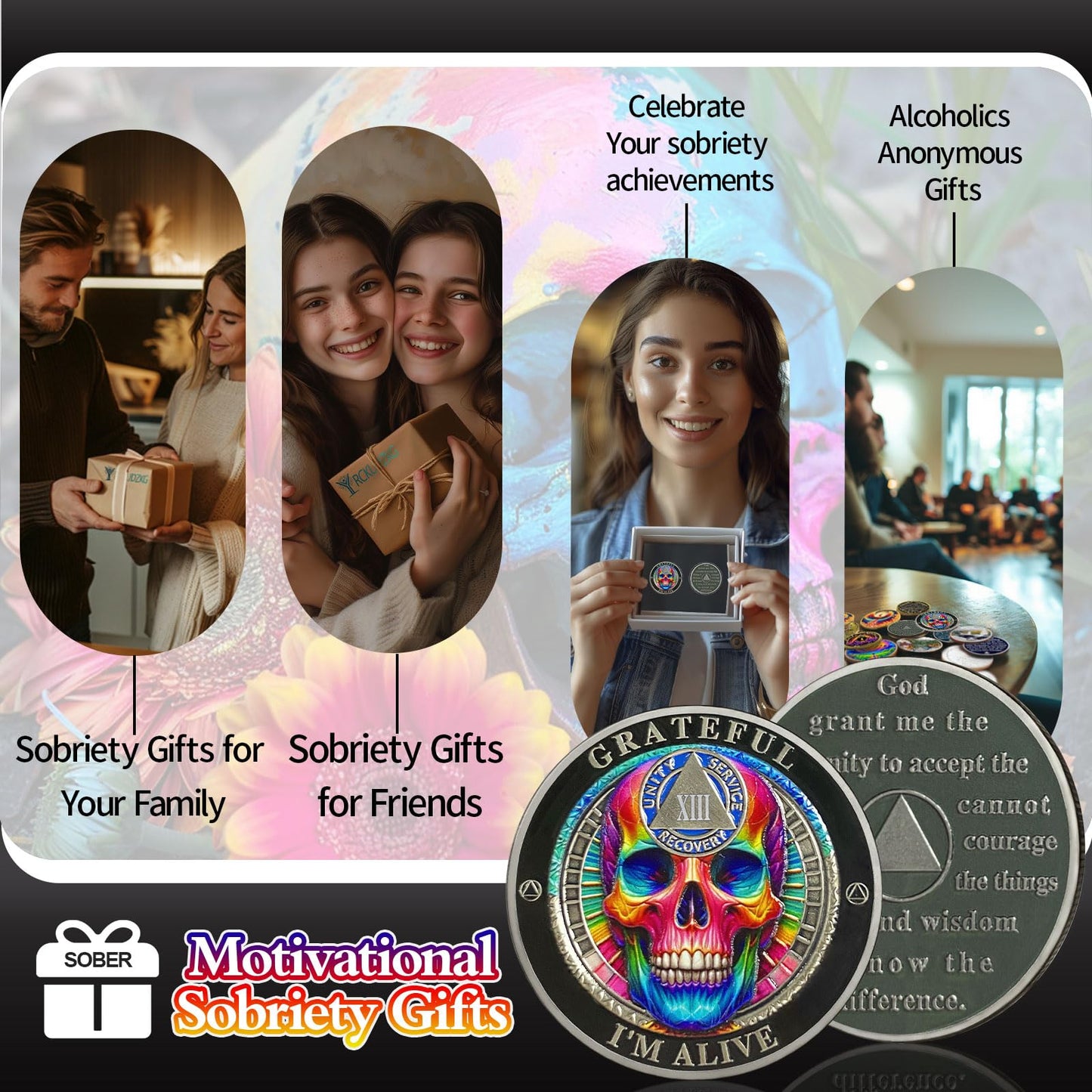 Rainbow Skull 13 Year Sobriety Coin, Grateful I'm Alive AA Coin - Clean AA Chips and Medallion - Thirteen Years Sober Medal with Serenity Prayer, Sobriety Gifts for Men Women YRCKUDZKG