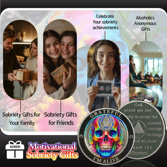Rainbow Skull 13 Year Sobriety Coin, Grateful I'm Alive AA Coin - Clean AA Chips and Medallion - Thirteen Years Sober Medal with Serenity Prayer, Sobriety Gifts for Men Women YRCKUDZKG