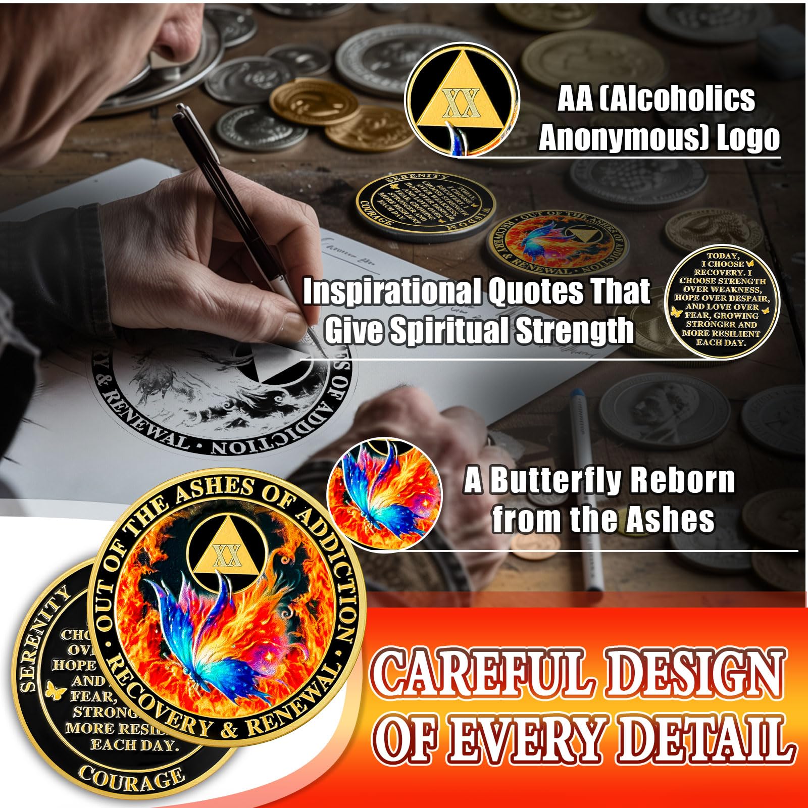 Butterfly in the Fire 20 Year Sobriety Coin Recovery and Renewal Twenty Year Sobriety Chip AA Chips and Medallion AA Coin Recovery Chip Sobriety Gifts for Men Women Alcoholics Anonymous Gift YRCKUDZKG