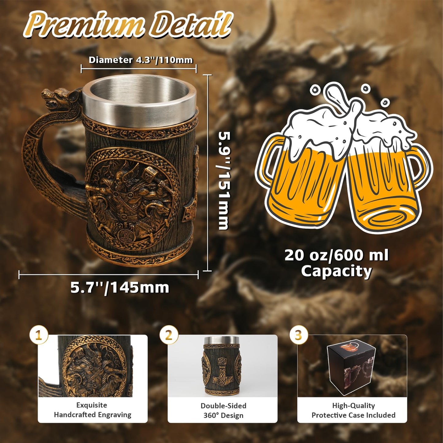 Original Handmade 304 Stainless Steel 20oz Viking Runes Mug mysite