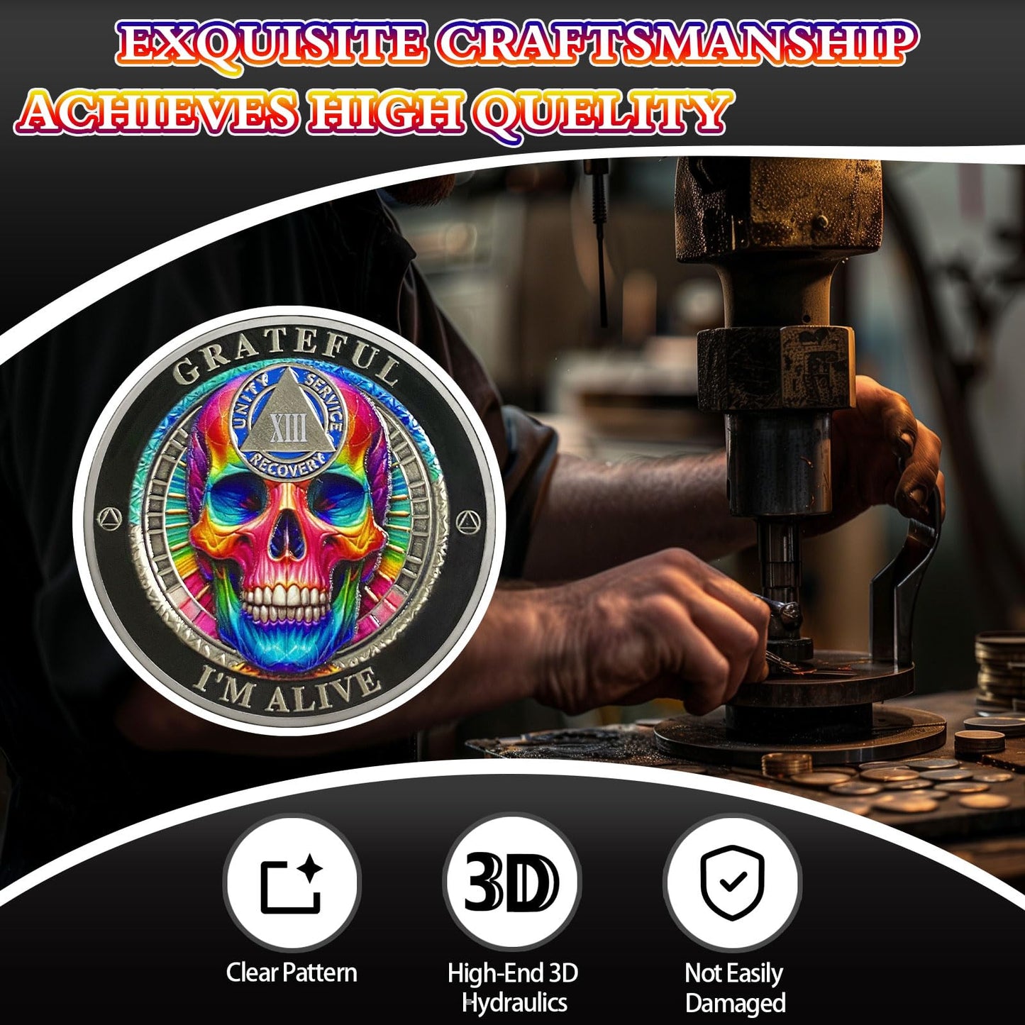 Rainbow Skull 13 Year Sobriety Coin, Grateful I'm Alive AA Coin - Clean AA Chips and Medallion - Thirteen Years Sober Medal with Serenity Prayer, Sobriety Gifts for Men Women YRCKUDZKG