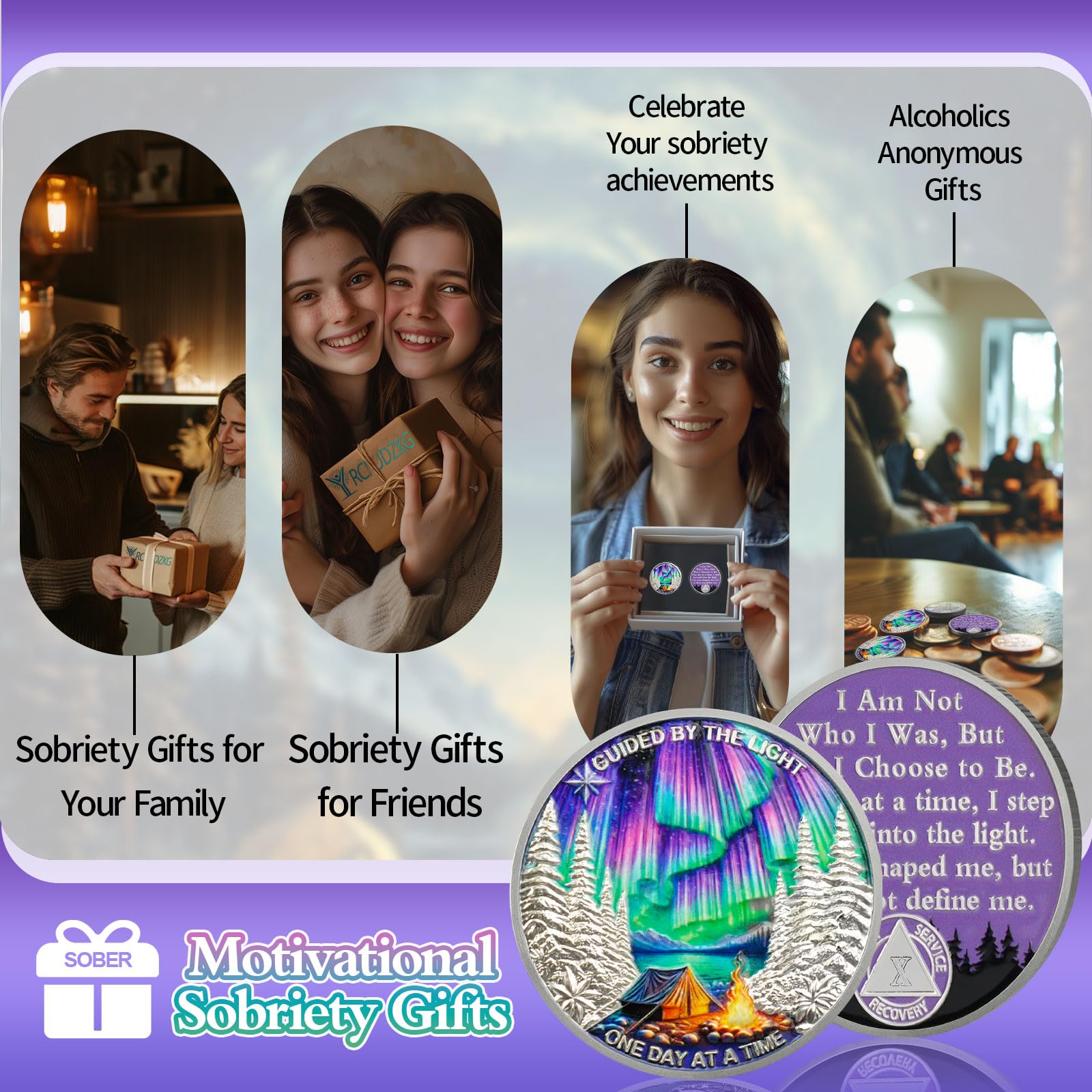 YRCKUDZKG Guided by Northern Lights 10 Year Sobriety Coin - One Day at a Time AA Coin, Alcohol Free Ten Year Recovery Chip with Token Capsule, Sobriety Gifts for Men Women YRCKUDZKG