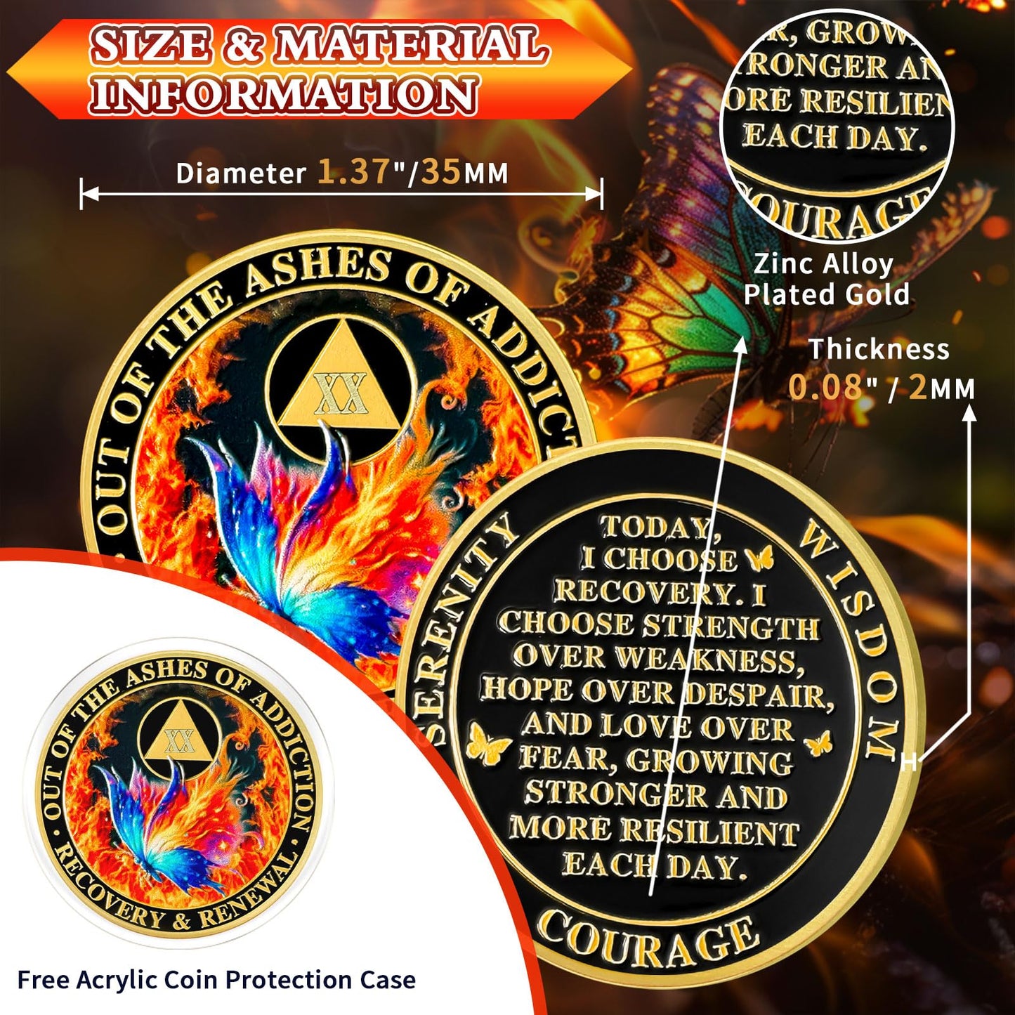 Butterfly in the Fire 20 Year Sobriety Coin Recovery and Renewal Twenty Year Sobriety Chip AA Chips and Medallion AA Coin Recovery Chip Sobriety Gifts for Men Women Alcoholics Anonymous Gift YRCKUDZKG