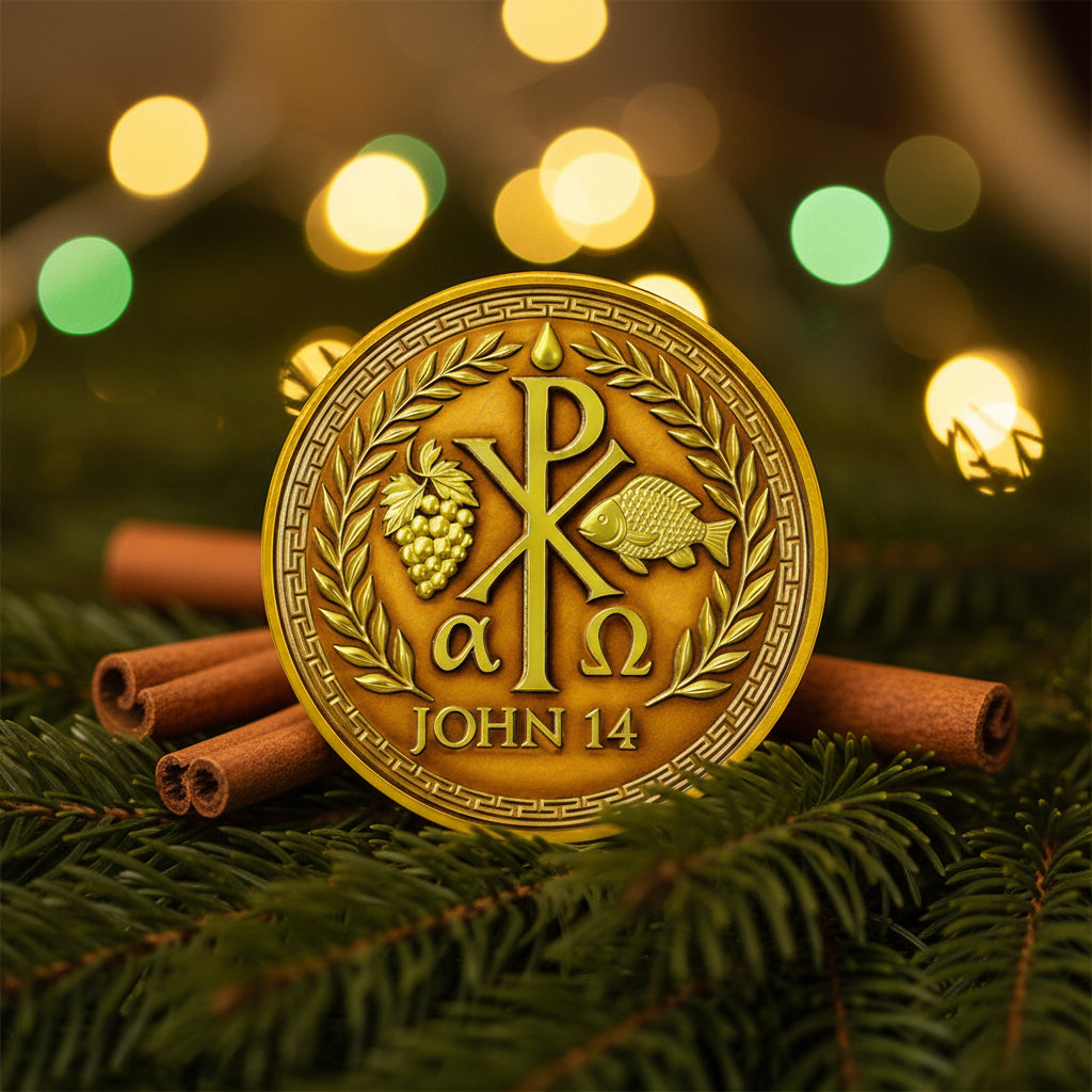 Chi Rho Christian Challenge Coin with John 14:1 Scripture mysite
