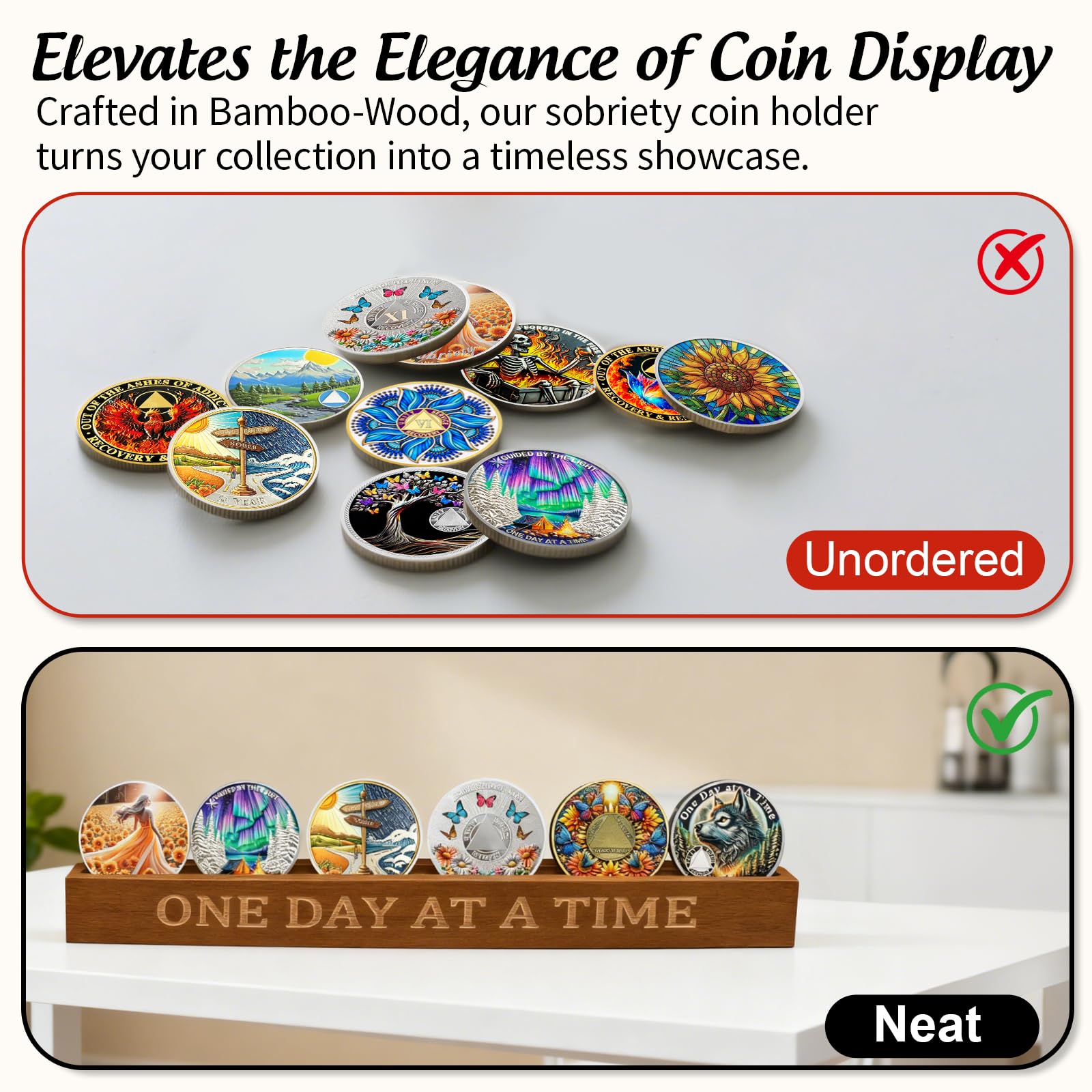 YRCKUDZKG AA Coin Holder, Sobriety Coin Holder Bamboo-Wood Craft Display Stand Holds 6 AA Chips NA Medallions, Coin Rack as Sobriety Gifts for Men & Women YRCKUDZKG