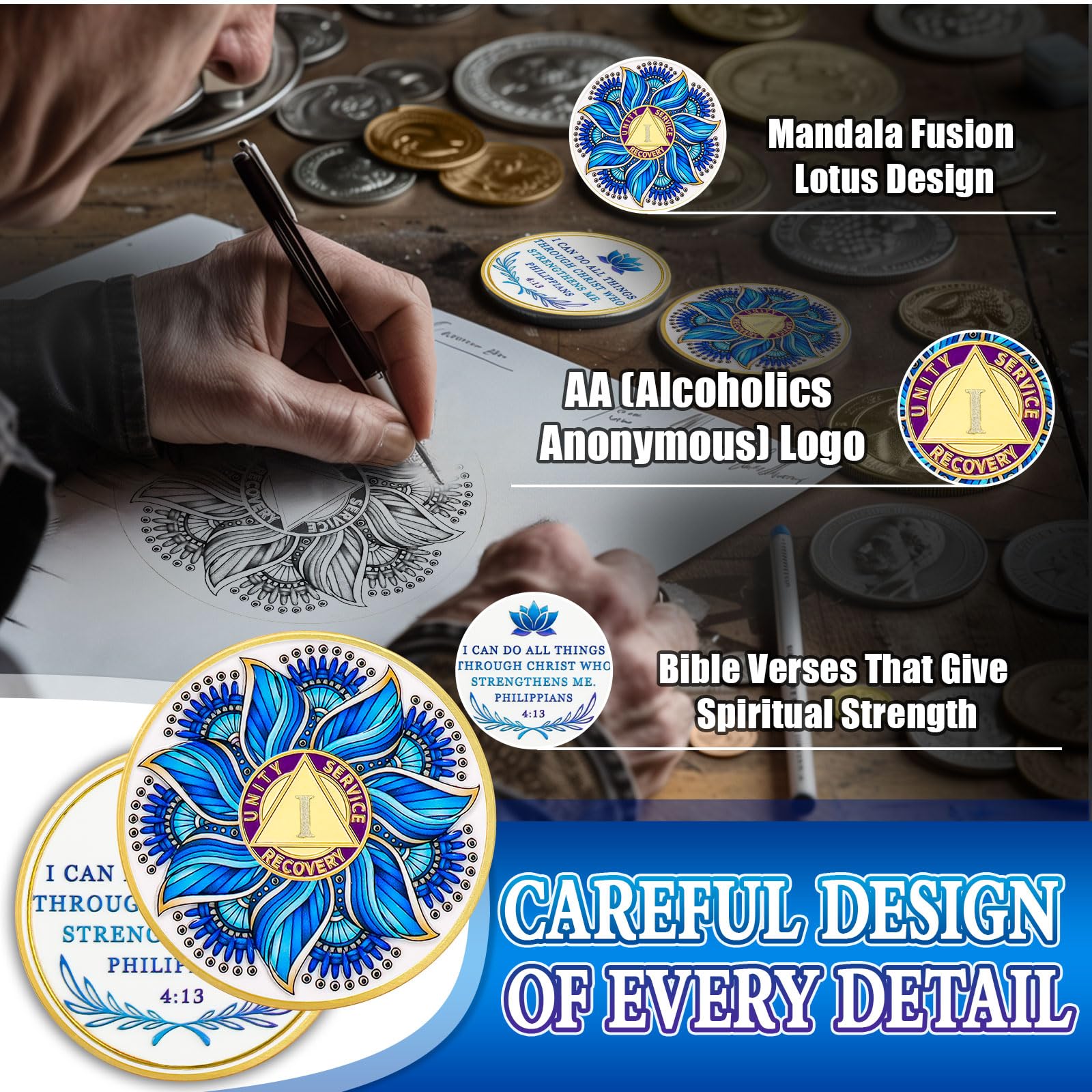 Blue Lotus 1 Year Sobriety Coin - Recovery & Growth AA Medallion, Recovery Chip with Bible Verses, Alcohol Free Anniversary Celebration AA Coin, Clean Living Sobriety Gifts for Men Women YRCKUDZKG
