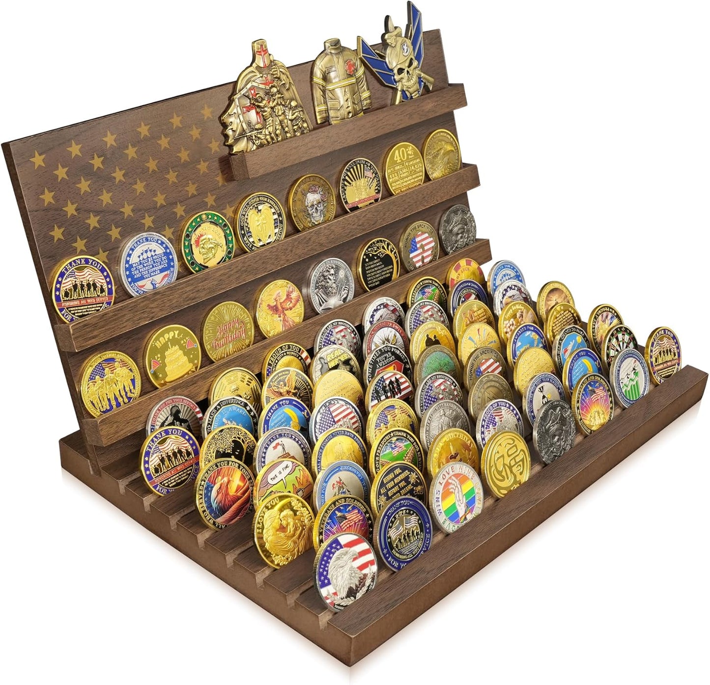 Wooden Removable 11 Rows Challenge Coin Display With American Flag mysite