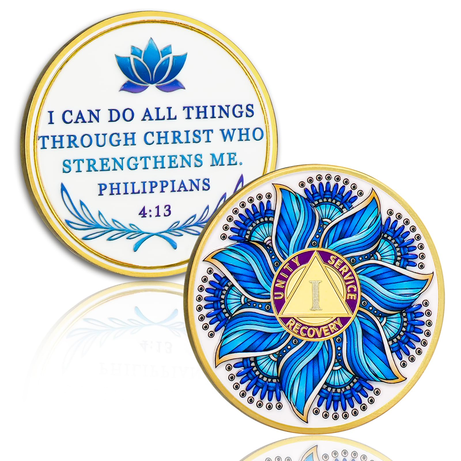 Blue Lotus 1 Year Sobriety Coin - Recovery & Growth AA Medallion, Recovery Chip with Bible Verses, Alcohol Free Anniversary Celebration AA Coin, Clean Living Sobriety Gifts for Men Women YRCKUDZKG