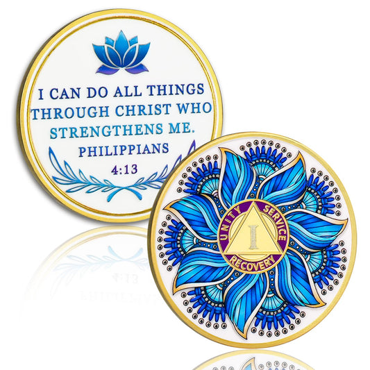 Blue Lotus 1 Year Sobriety Coin - Recovery & Growth AA Medallion, Recovery Chip with Bible Verses, Alcohol Free Anniversary Celebration AA Coin, Clean Living Sobriety Gifts for Men Women YRCKUDZKG