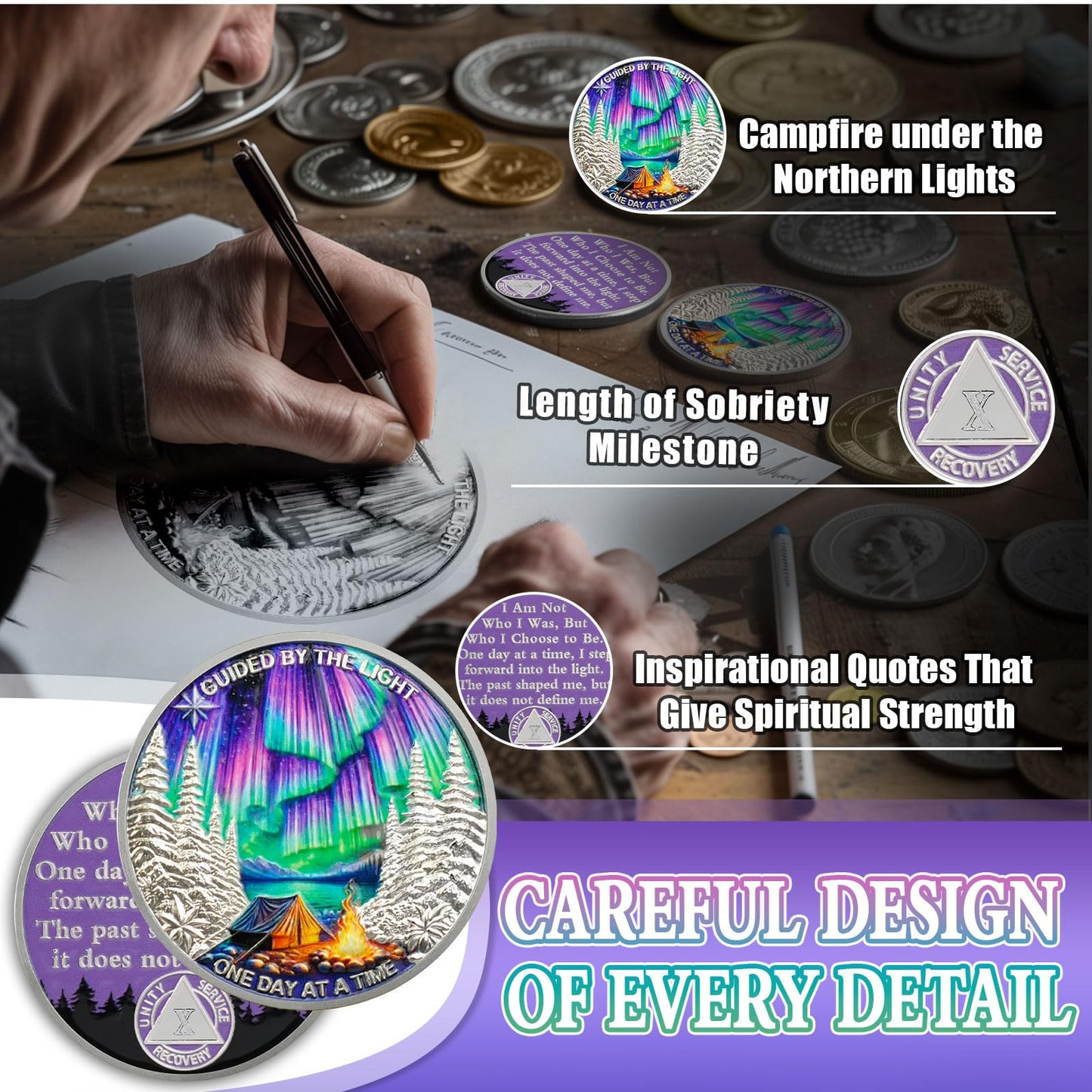 YRCKUDZKG Guided by Northern Lights 10 Year Sobriety Coin - One Day at a Time AA Coin, Alcohol Free Ten Year Recovery Chip with Token Capsule, Sobriety Gifts for Men Women YRCKUDZKG