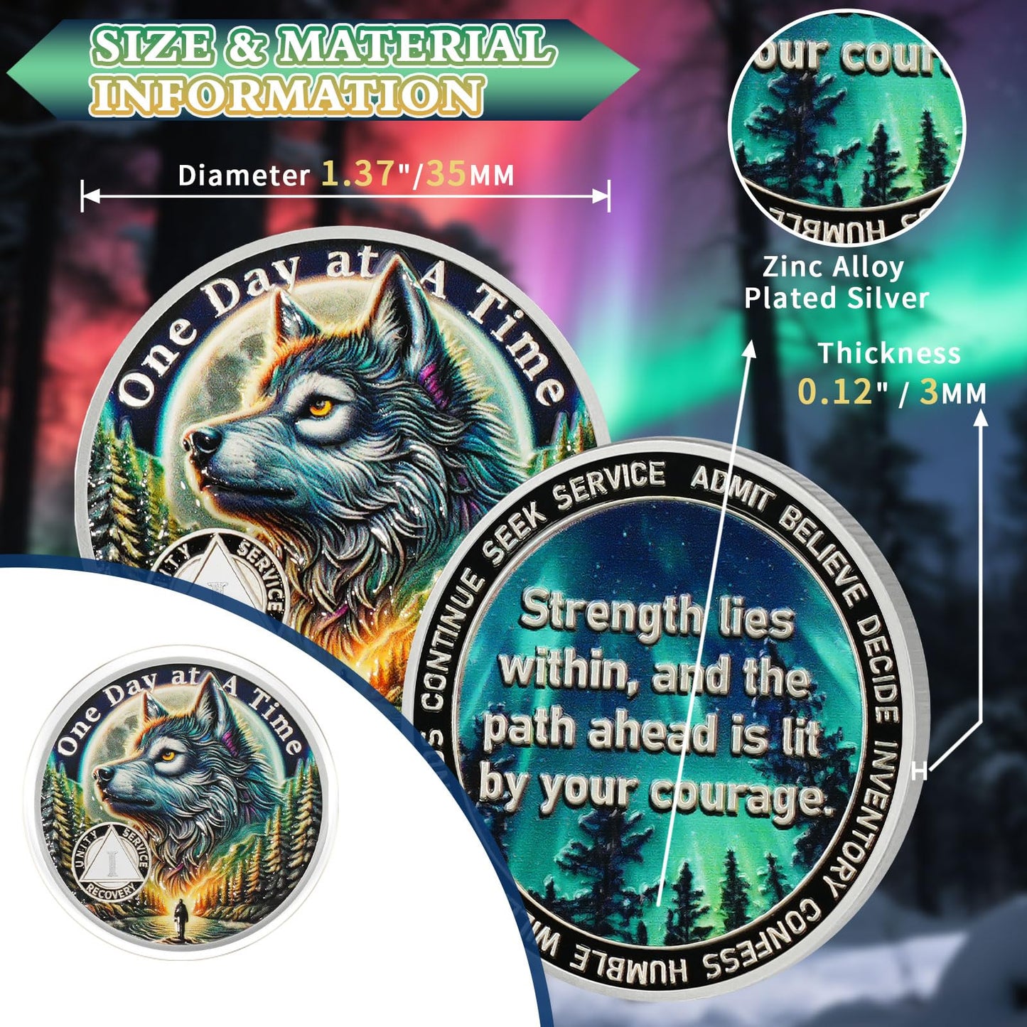 YRCKUDZKG Brave Wolf 1 Year Sobriety Coin - One Day at a Time AA Coin, Alcohol Free One Year Recovery Chip with Token Capsule, Inspirational Sobriety Gifts for Men & Women YRCKUDZKG
