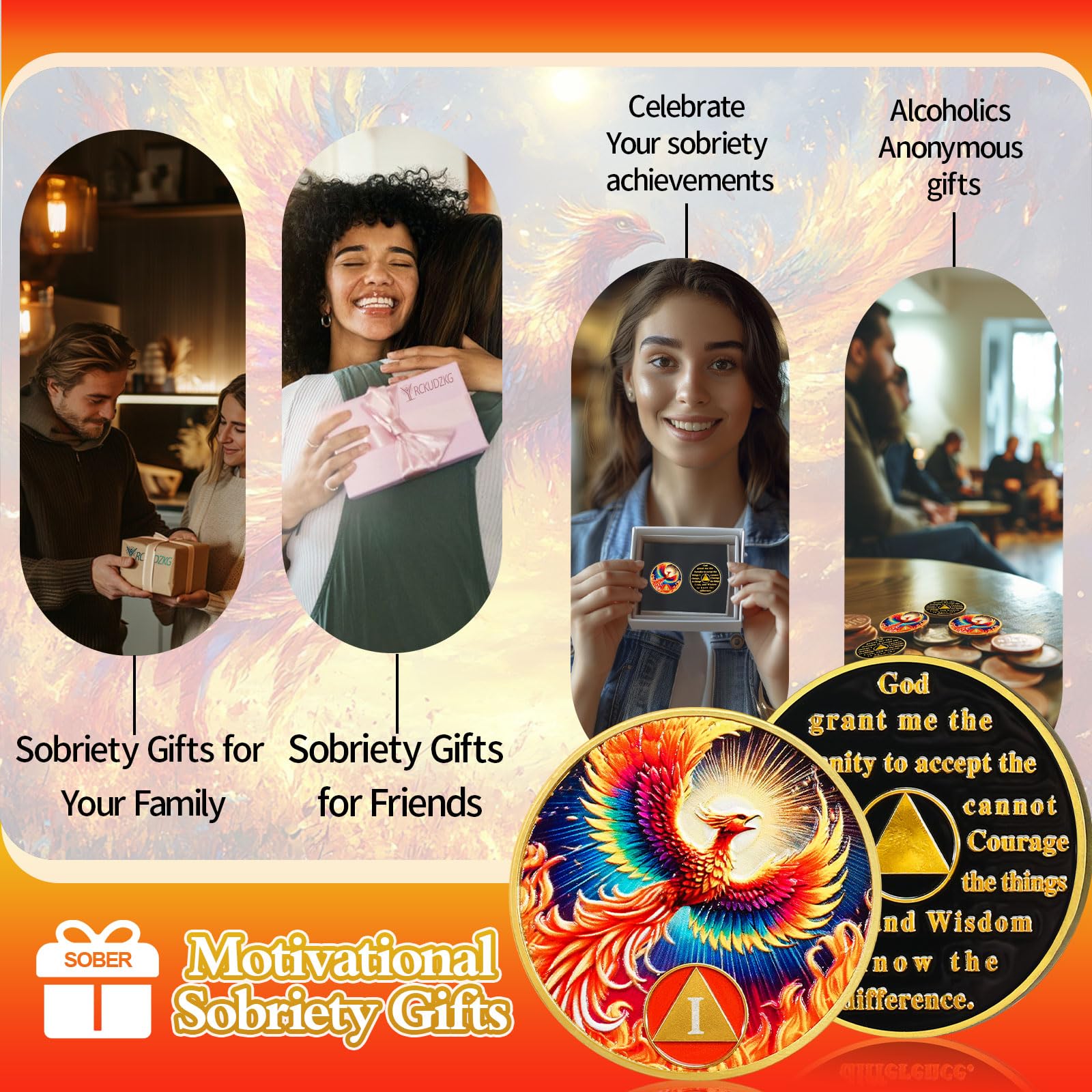 Phoenix of Light 1 Year Sobriety Coin, Rebirth in Fire AA Coin - Addiction Recovery One Year Sober Medal with Token Capsule, Alcoholics Anonymous Sobriety Gifts for Men and Women YRCKUDZKG