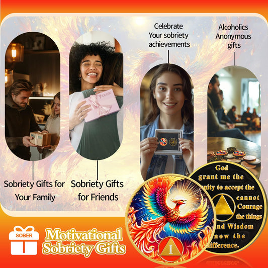 Phoenix of Light 1 Year Sobriety Coin, Rebirth in Fire AA Coin - Addiction Recovery One Year Sober Medal with Token Capsule, Alcoholics Anonymous Sobriety Gifts for Men and Women YRCKUDZKG