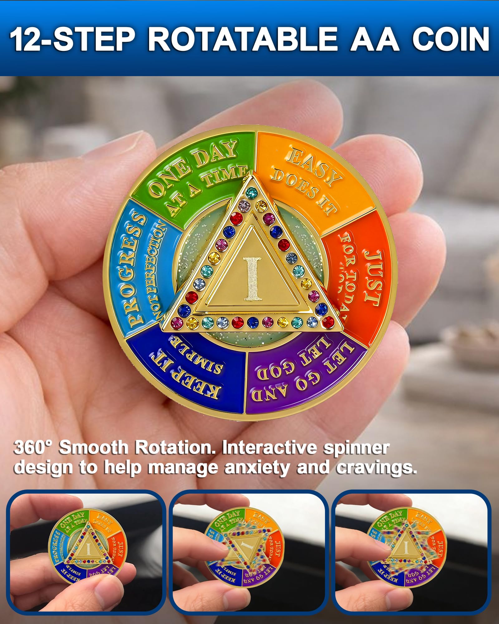 1 Year Sobriety Coin with Rotating Triangle, AA Medallion with Colorful Crystals, Alcoholics Anonymous Sobriety Gifts for Men Women, Serenity Prayer & Mindfulness Spinner Token YRCKUDZKG