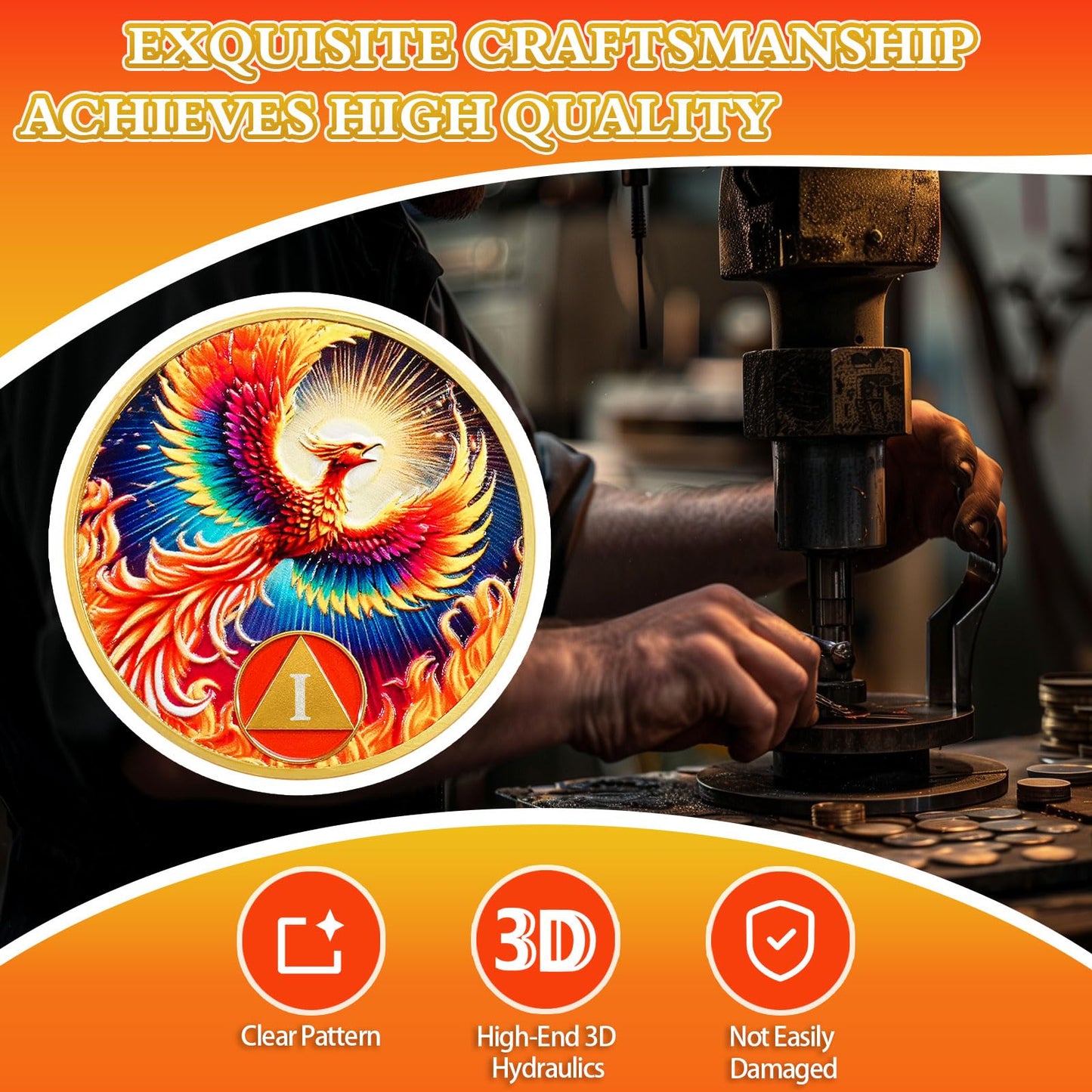 Phoenix of Light 1 Year Sobriety Coin, Rebirth in Fire AA Coin - Addiction Recovery One Year Sober Medal with Token Capsule, Alcoholics Anonymous Sobriety Gifts for Men and Women YRCKUDZKG