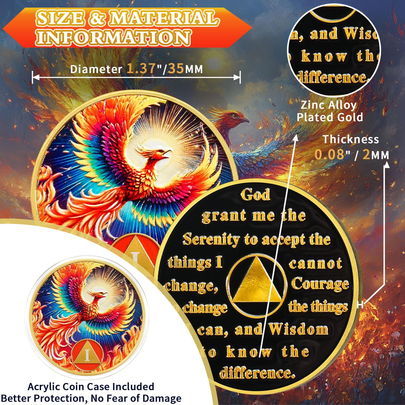 Phoenix of Light 1 Year Sobriety Coin, Rebirth in Fire AA Coin - Addiction Recovery One Year Sober Medal with Token Capsule, Alcoholics Anonymous Sobriety Gifts for Men and Women YRCKUDZKG