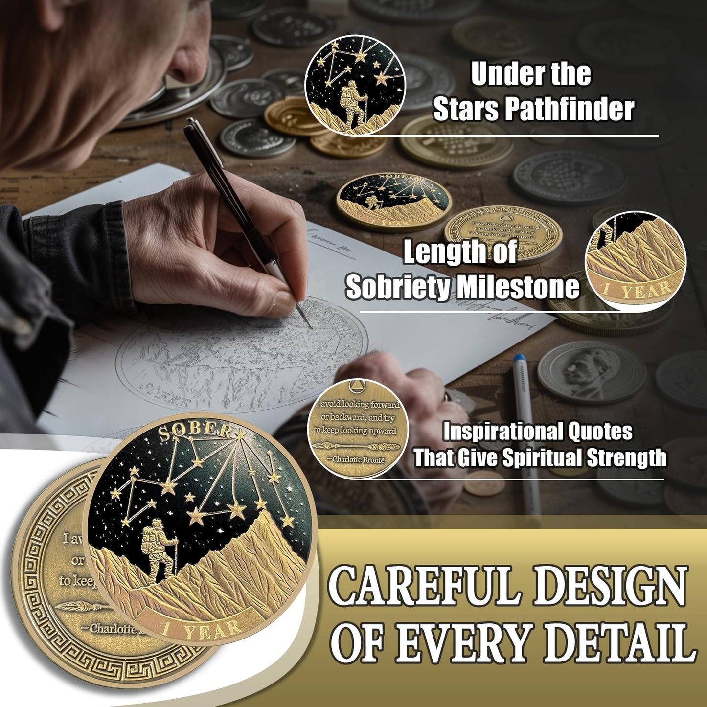 Under the Stars Pathfinder 1 Year Sobriety Coin, Explore Hope AA Coin - Bronze One Year Sober Medallions with Inspirational Quotes, Personalized Affirmation Sobriety Gifts for Men and Women YRCKUDZKG