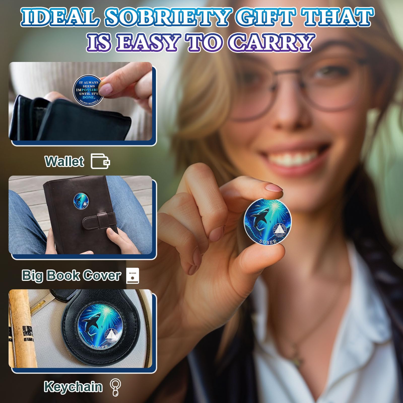 Personalized Mighty Shark  Swim to The Light  Sobriety Coin mysite