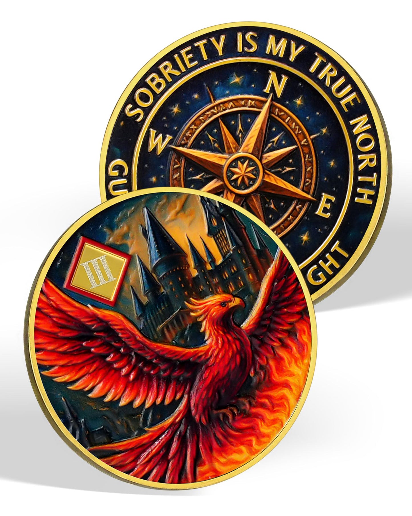 Rising Phoenix 3 Year Sobriety Coin, Compass to Guide the Way NA Medallion | Addiction Recovery Anniversary Celebration NA Coin with Token Capsule - Clean Living Sobriety Gifts for Men & Women YRCKUDZKG