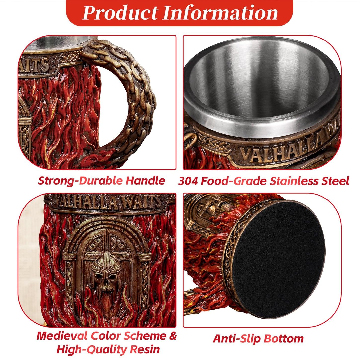 Glory Handmade Viking Mug - 20oz Valhalla Gate Beer Stein - 304 Stainless Steel Novelty Norse Mythology Cup mysite