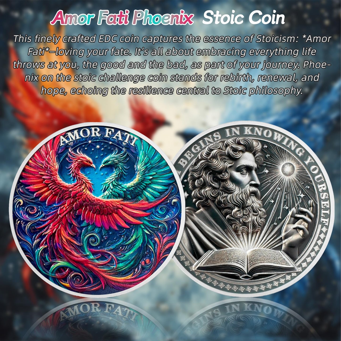 Amor Fati Phoenix Stoic Marcus Aurelius Roman Cardinal Virtues Memento Mori Challenge Coin mysite