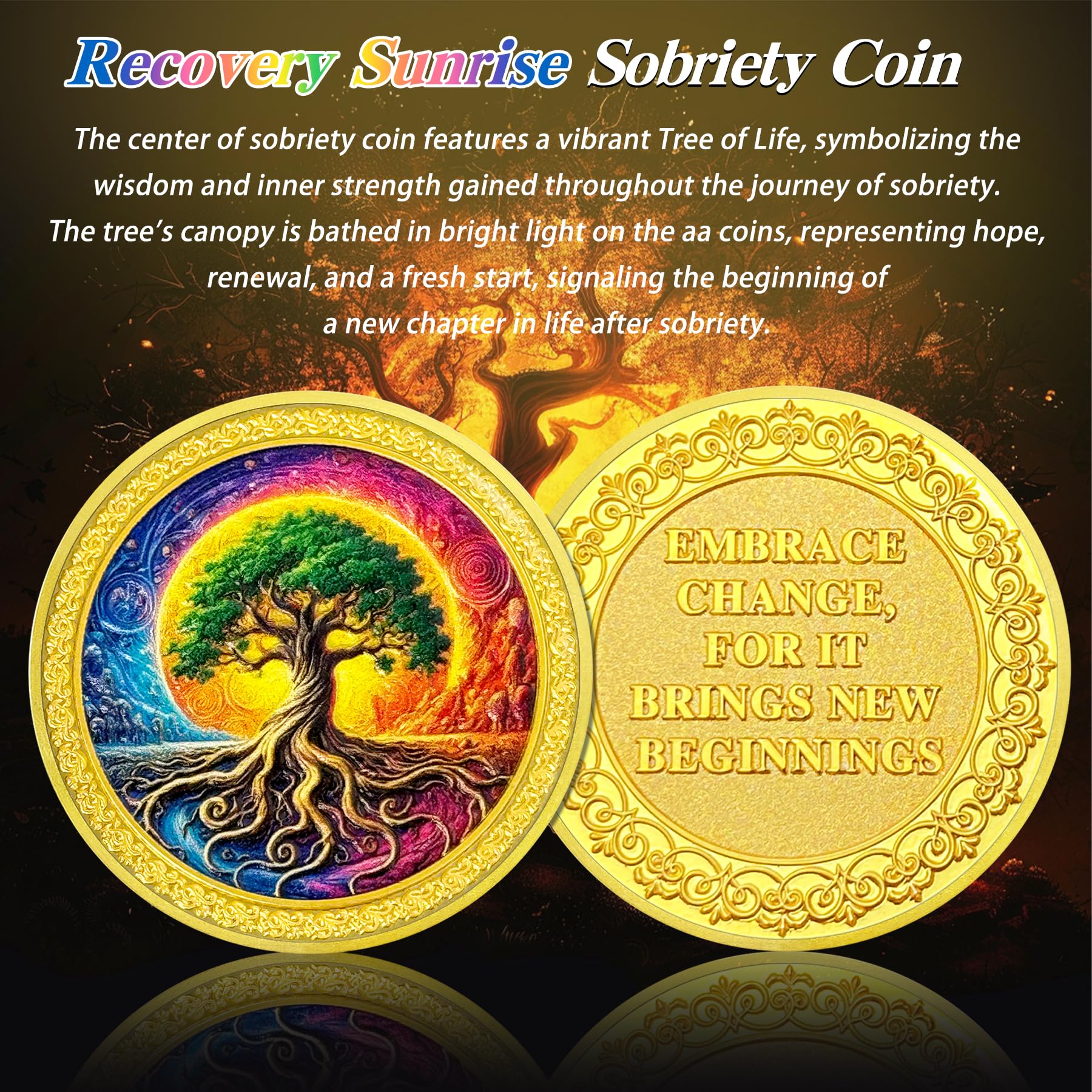 Colorful Recovery Sunrise Tree of Life Affirmation AA Sobriety Coin mysite