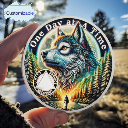 Forest Wolf 3 year sobriety coin personalized recovery gift