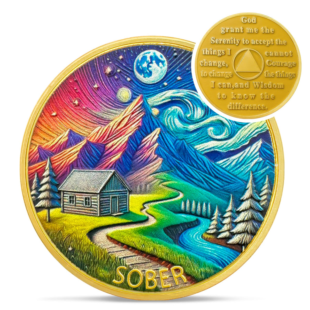 Starry Night Mountain Cabin Sobriety Coin Coin With Meaning